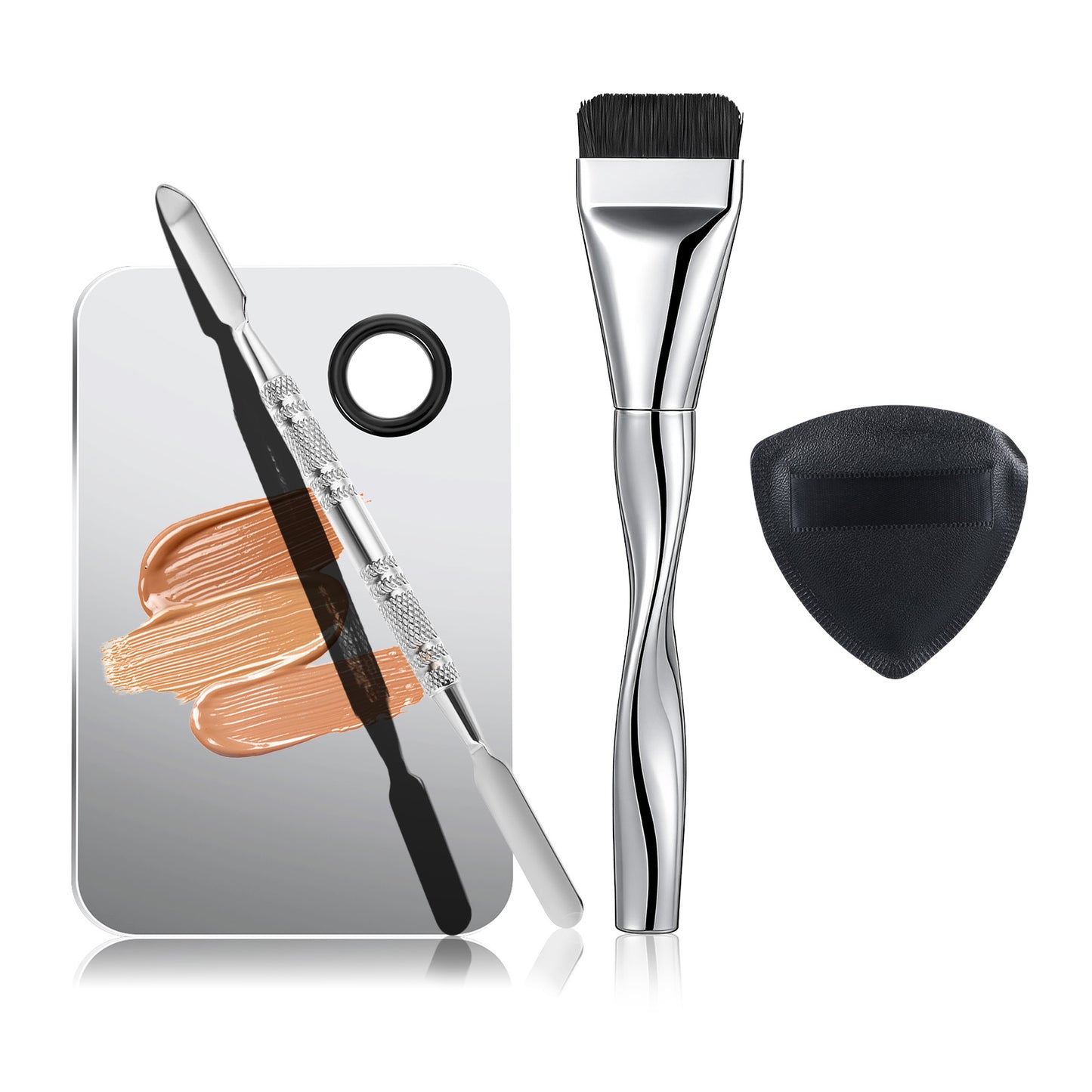 Matwsec 4 Pcs Makeup Spatula Tool Kit Including Makeup Mixing Palette Flat Foundation Brush Dual-Head Make Up Spatula Triangle Powder Puffs for Women Girl Facial Cosmetic, Nail Art, Pigment Blending