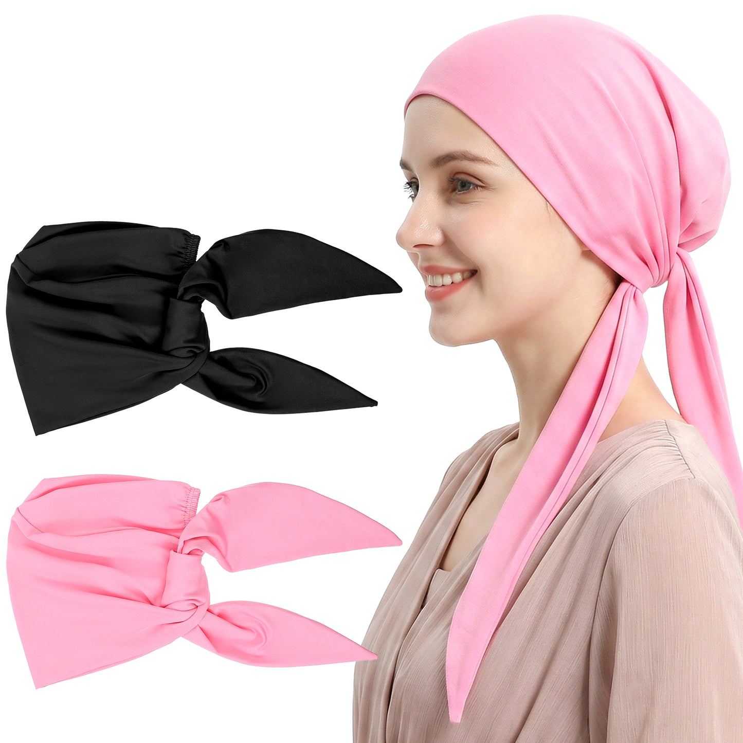 Ouligay 2PCS Hijab Undercaps No Slip for Women Under Scarf Hijab Cap Solid Color Under Caps for Hijabs, Islamic Muslim Underscarf Turban Beanie Cap, Black Pink