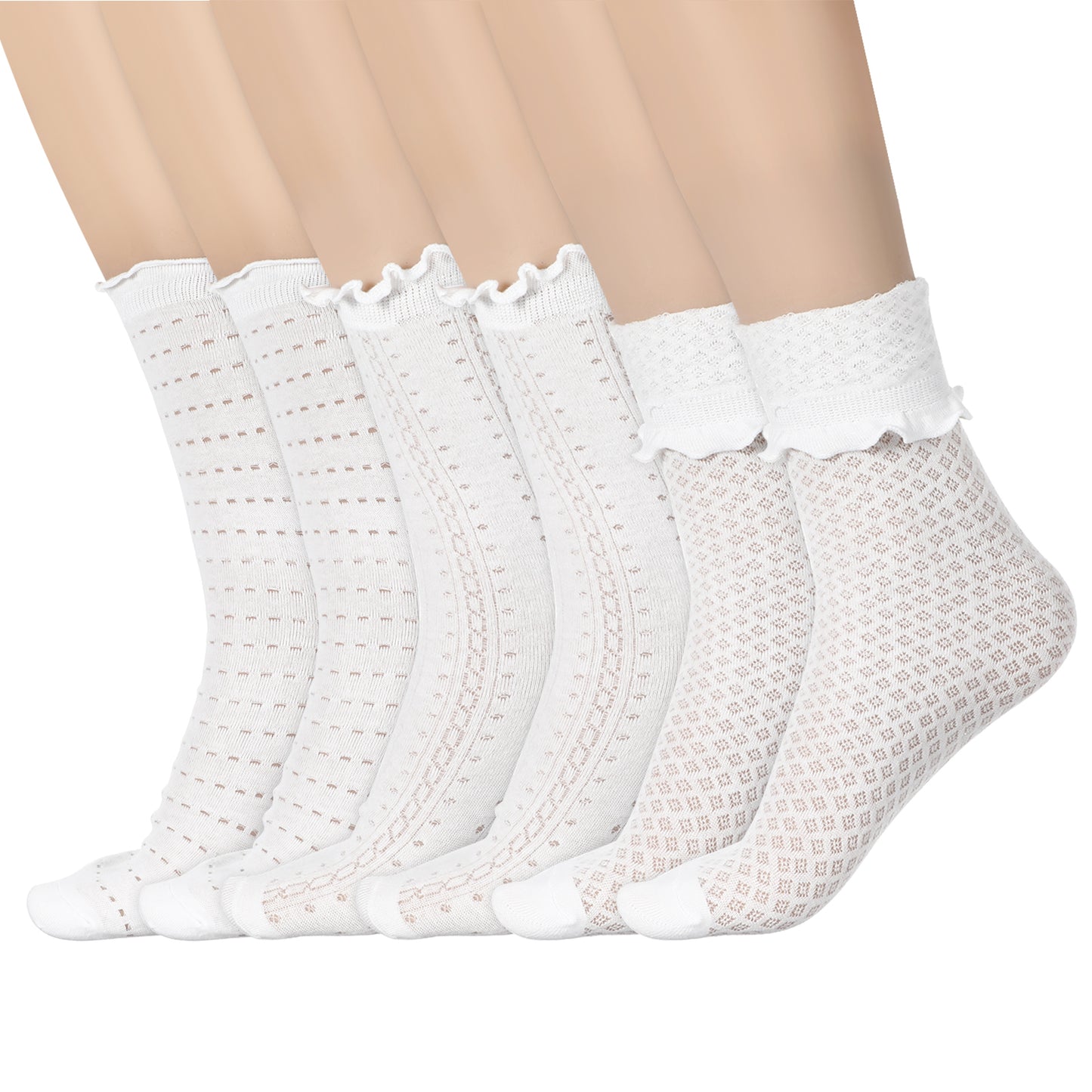 Ouligay 3 Pairs White Ruffle Socks Women Cute Casual Cotton Summer Mesh Ruffle Ankle Socks for Women