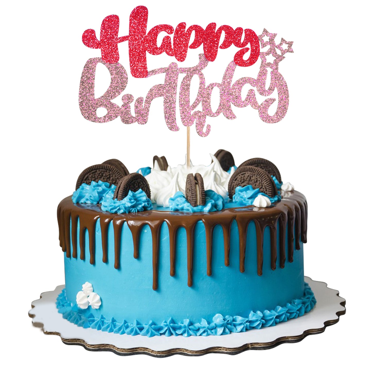 1PCS Rose Red Pink Happy Birthday Cupcake Toppers Double Layer Glitter Happy Birthday Cake Decorations for Celebrating Baby Shower Theme Kids Boys Girls Anniversary Party Supplies