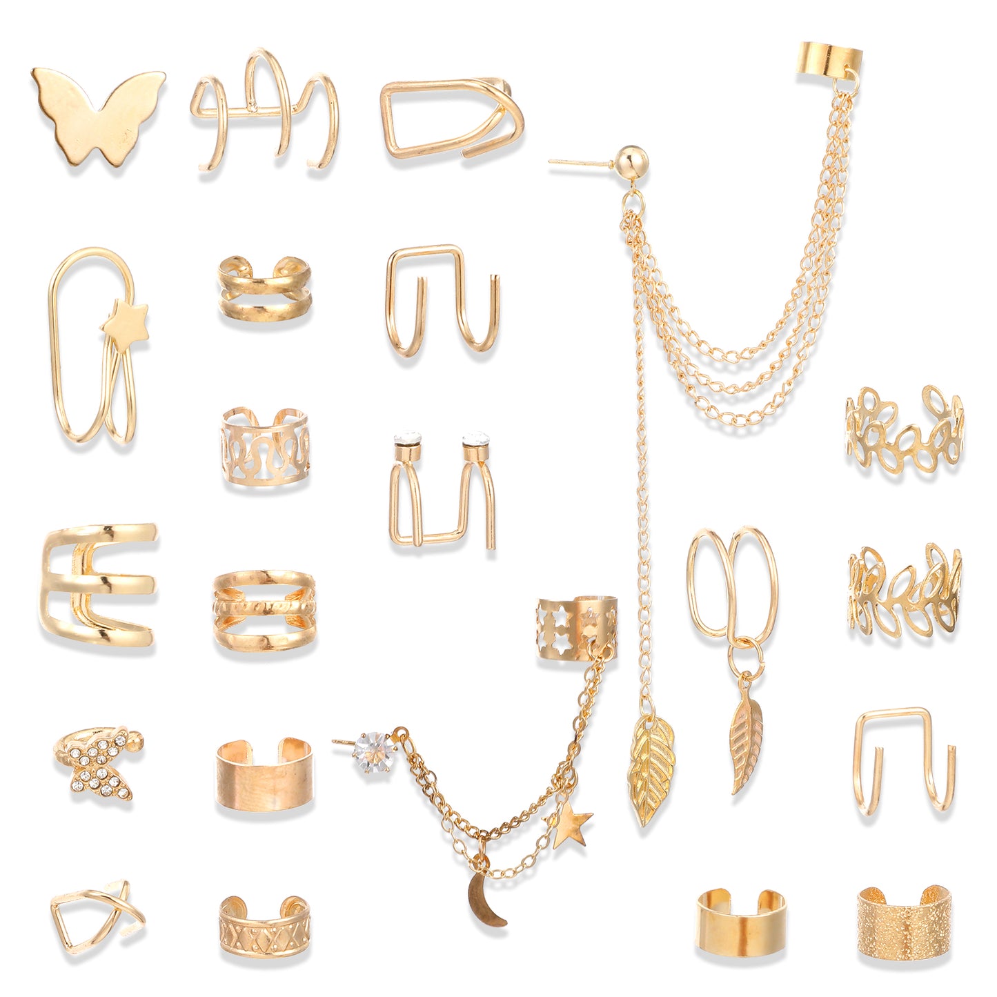 Nogeqi 22PCS Gold Cuff Earrings for Women, Adjustable Ear Cuffs for Women Non Piercing, Cartilage Gold Clip on Earrings Butterfly Star Chain Twist Helix Leaf Wrap Set