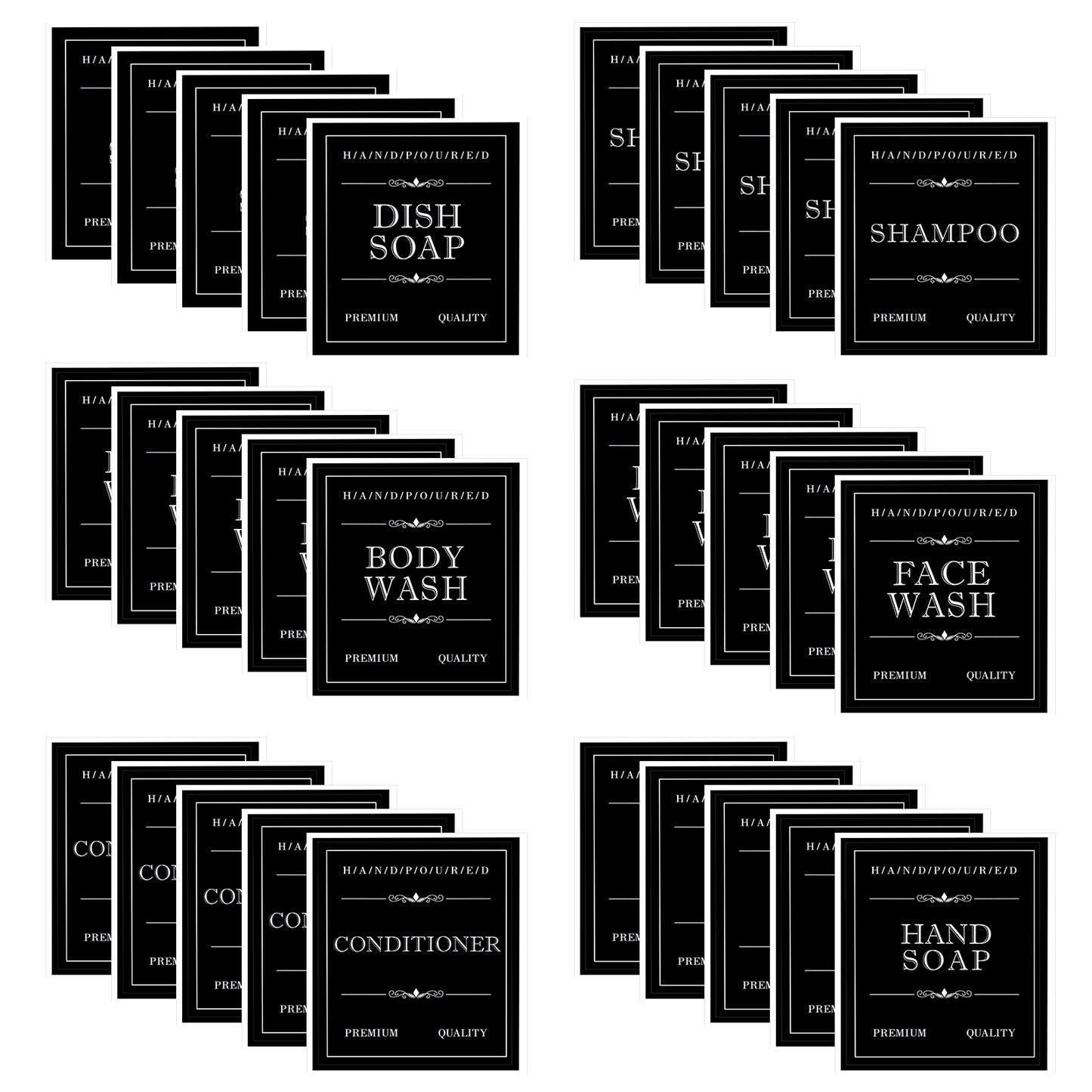 Waterproof Labels for Bottles, Removable Bathroom Organization Stickers for Hand/Dish Soap Shampoo Conditioner Body/Face Wash, Ymapinc 30Pcs Toiletry Labels for Plastic/Glass Bottles