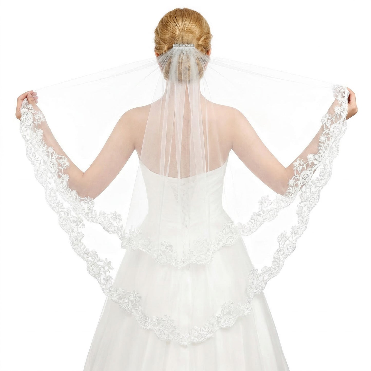 Nogeqi Wedding Veils for Brides, White Lace Veil with Comb for Women, Elegant Lace Applique Edge Bridal Veils for Wedding, Bachelorette Party, Bridal Shower