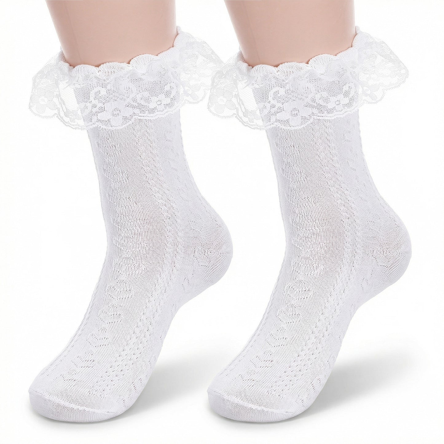 Matwsec 1 Pair White Ruffle Socks for Women Turn-Cuff Lace Frilly Ankle Comfortable Cotton Princess Socks Crew Sock for Girl