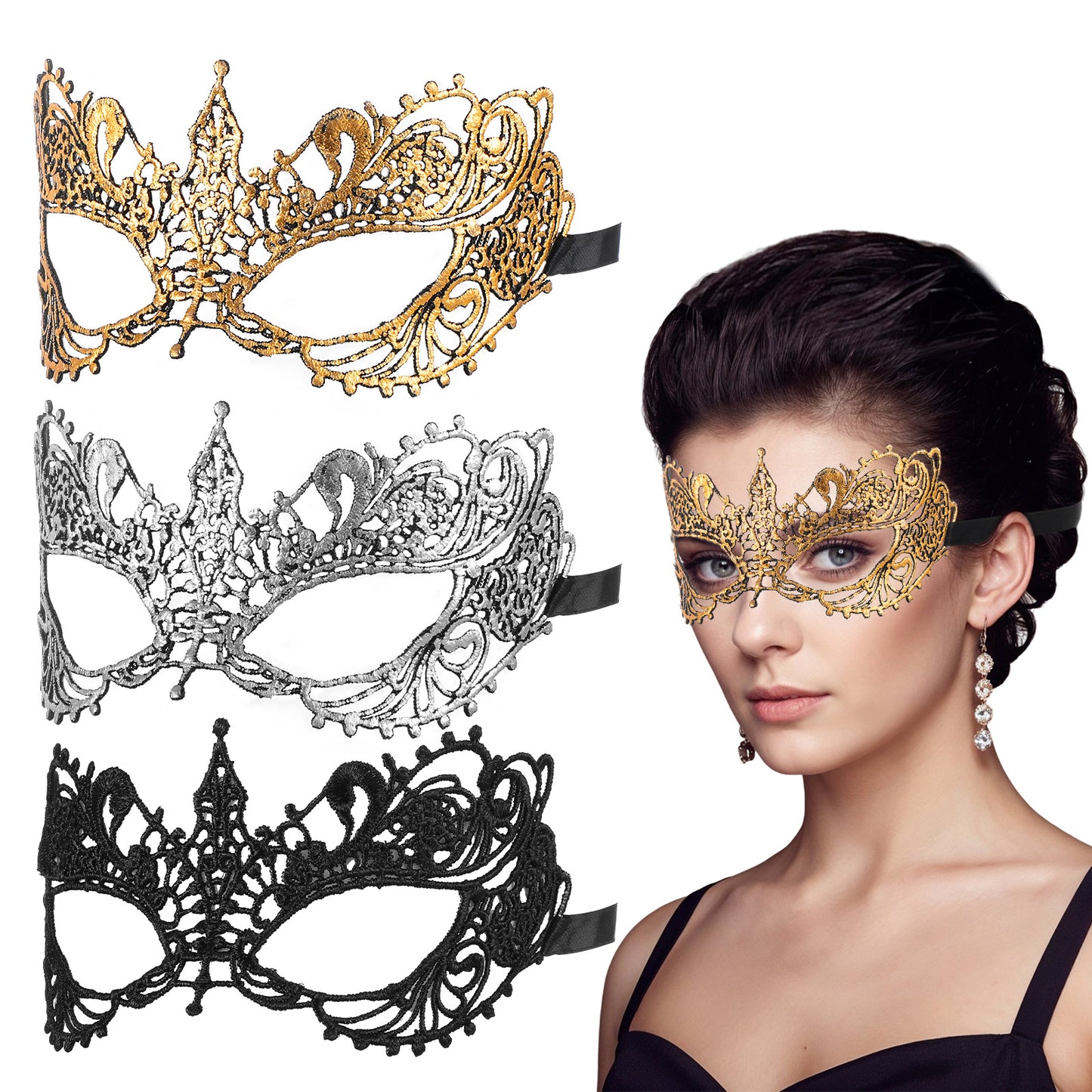 Ouligay 3PCS Masquerade Mask for Couples Women Men, Fancy Lace Masquerade Masks Dress Halloween Cosplay Mask