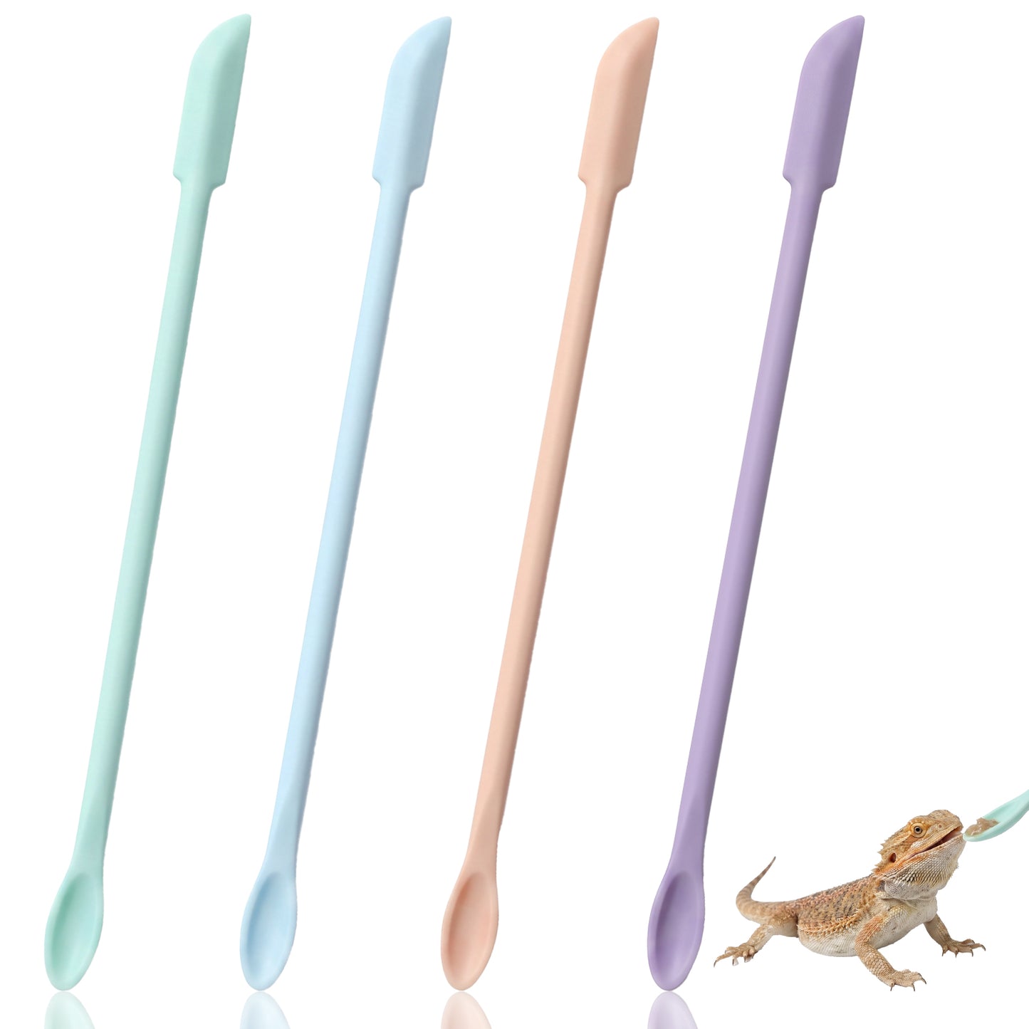 Matwsec 4 Pcs Reptile Spoon, Silicone Crested Gecko Accessories, Crested Gecko Food Mixing Spoon, Long Handle Feeding Tool for Food Mixing, Fit Lizard & Bearded Dragon (Blue/Orange/Purple/Green)