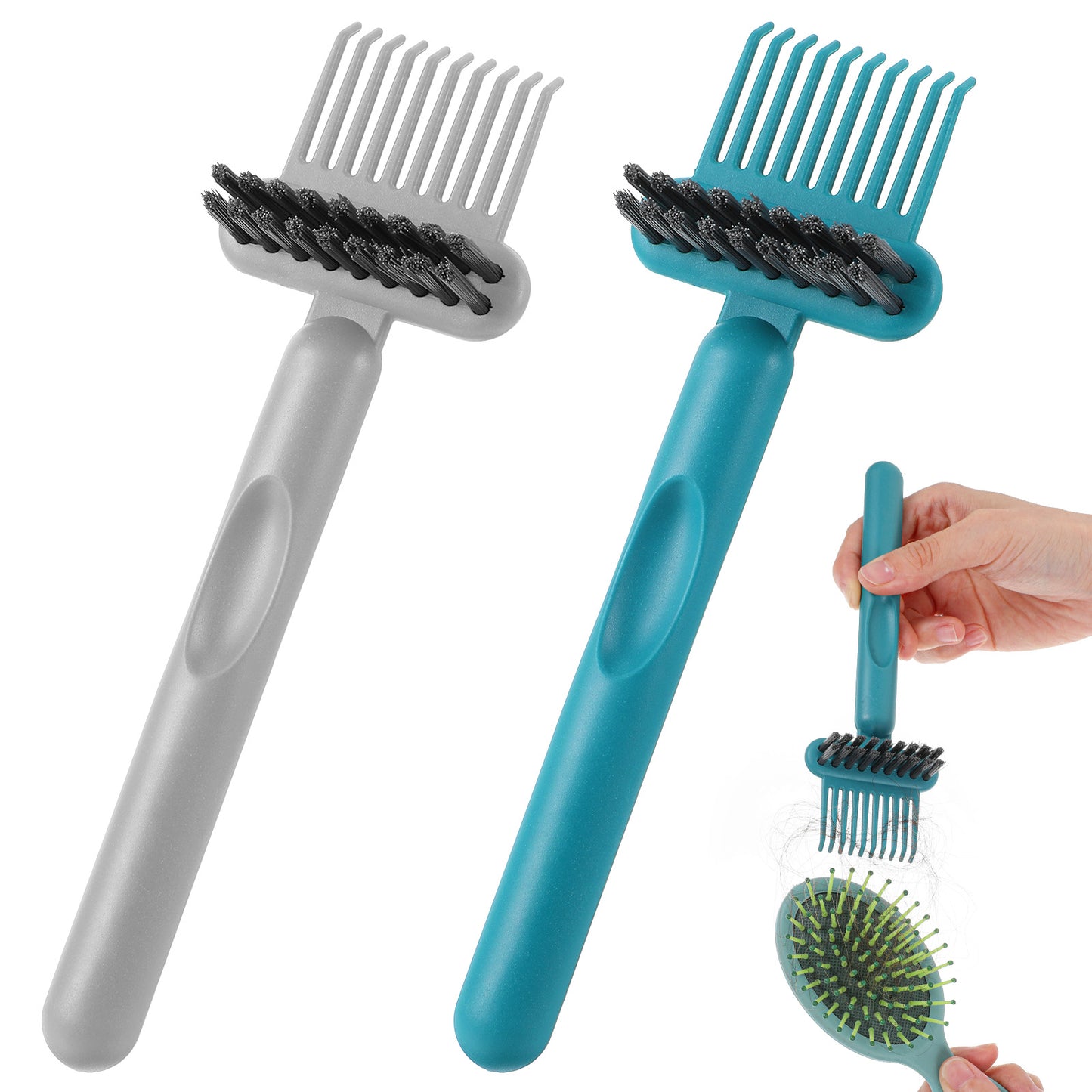 Xinjoduz 2 Pack Hairbrush Cleaner Tool 2-in-1 Hair Brush Cleaner and Remover Tool Dual-Sided Hairbrush Clean Tools for Removing Hair and Dust Perfect for Home Salon Travel Use (Green Grey)