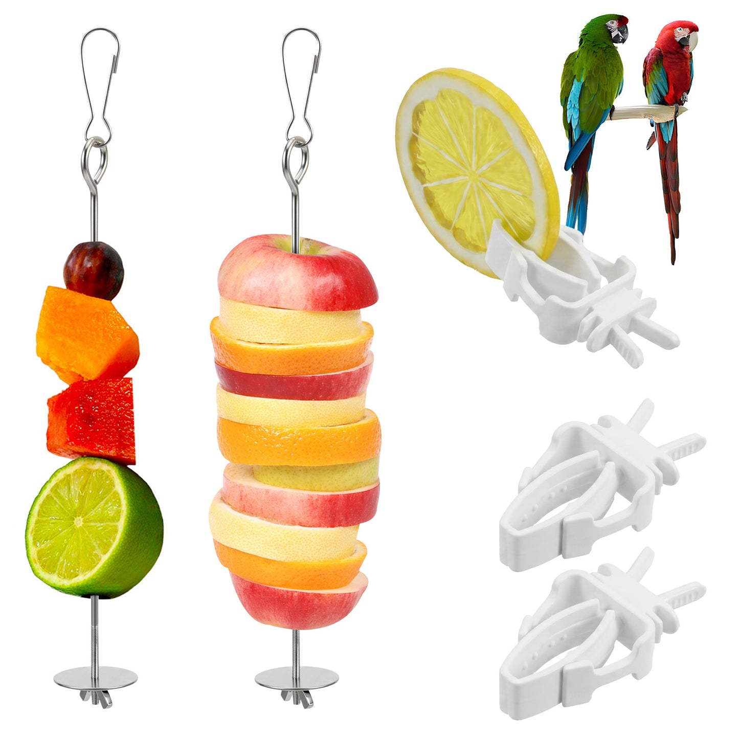 5 Pieces Set Bird Cage Food Holder with Hook, Parrot Fruit Vegetable Clips Stainless Steel Bird Feeder for Cage Parrot Fruit Treats Skewer Hanging Foraging Birds Toys for Parakeet Cockatoo Budgie