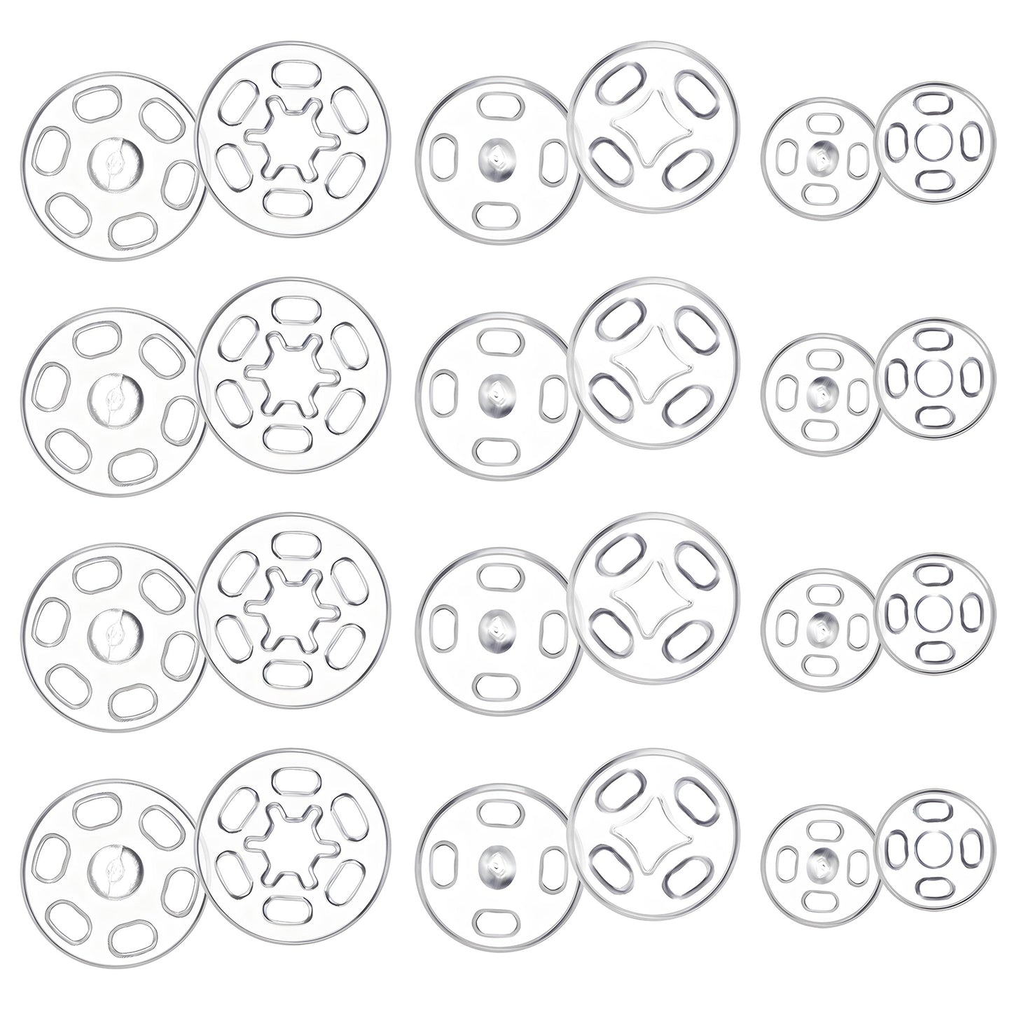 Ymapinc 150Pcs Clear Snaps for Sewing, Plastic Round Snaps for Shirt Clothes Pants Backpacks Sewing on, Button Fasteners for Jackets Suits Jeans Uniforms Coats (7mm/10mm/15mm Each 50 Sets)