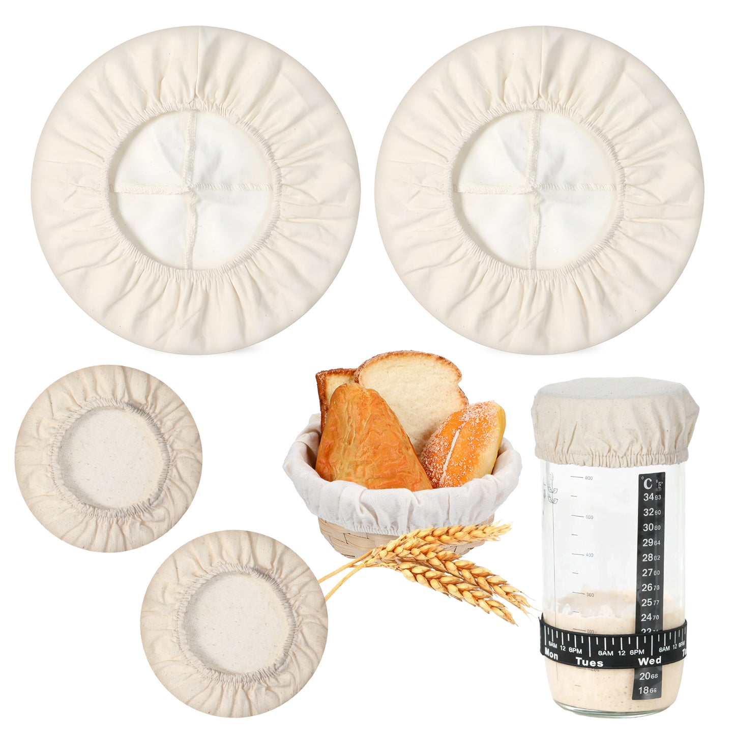 RAHHLIZS 4 Pack Bread Basket Proofing Liner Banneton Basket Liner 4/10 Inch Round Banton Proofing Basket Sourdough Proofing Covers Sourdough Bread Baking Supplies for Home Bakers(basket/can liner set)