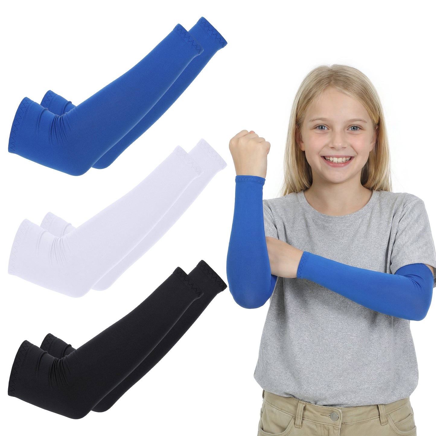 Arm Sleeves for Kids 3 Pairs UV Sun Protection Cooling Arm Sleeves for Youth Boys Girls, Outdoor Breathable Elastic Ice Sleeve for Basketball, Volleyball, Baseball, Sports (Black, White, Blue)