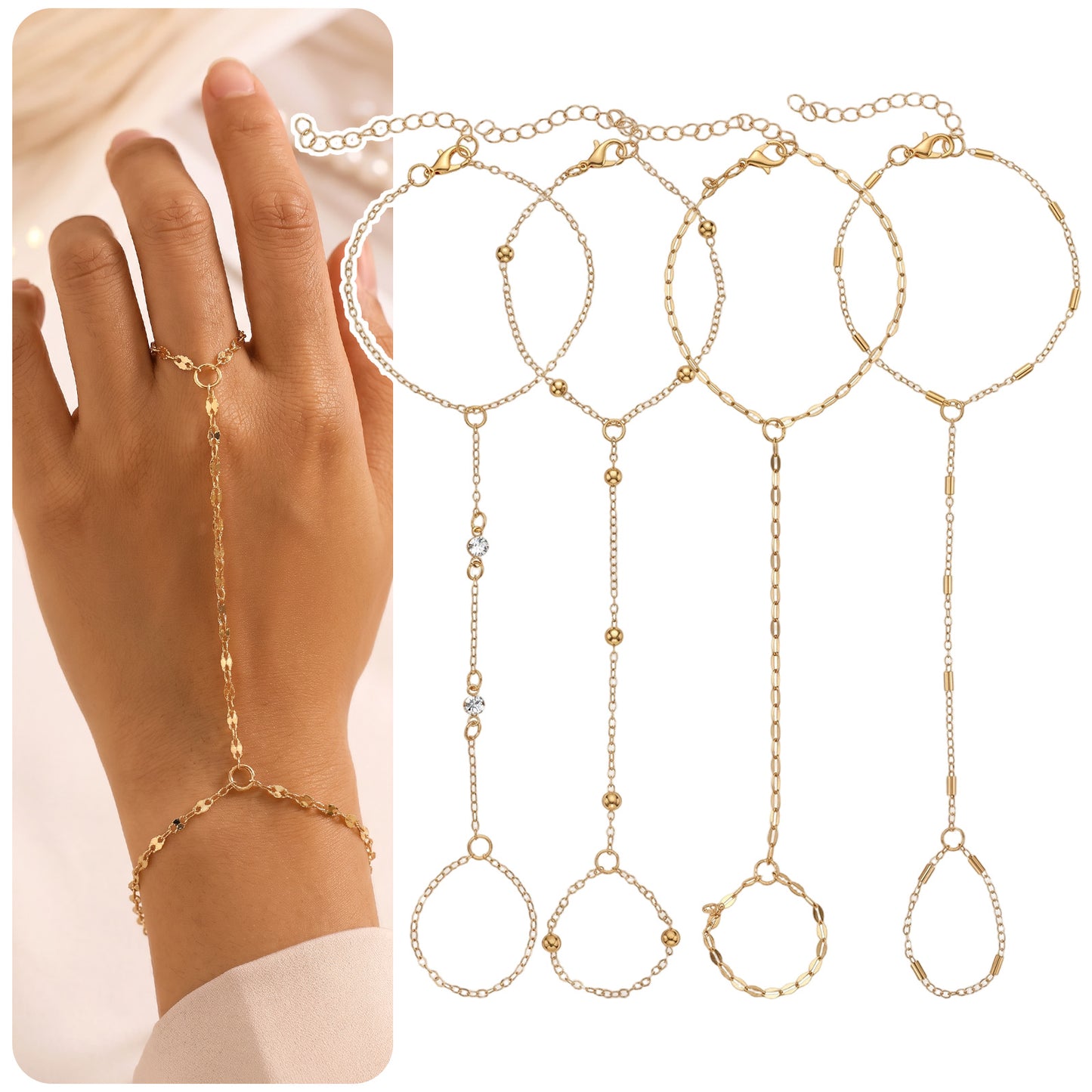 Ouligay Gold Plated Hand Chain for Women 4 Pcs Handchain Set Trendy Hand Jewelry Chain Gold Chain Bracelet Set Adjustable Dainty Ring Bracelet Stackable Body Jewelry Gift