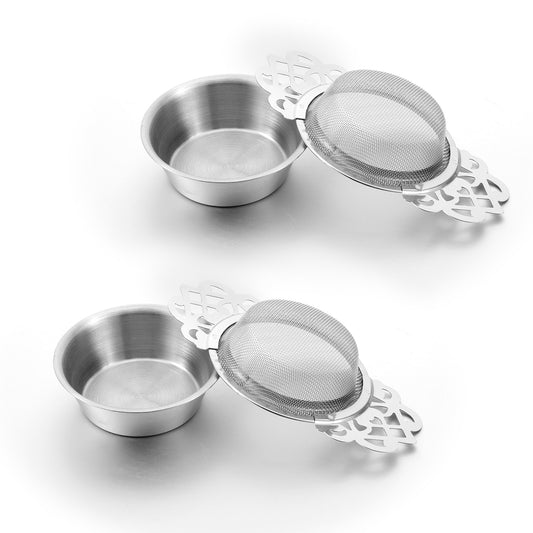 2 Pack Stainless Steel Tea Infuser Loose Leaf Teas Drain Strainer with Double Petal Handles, Extra Fine Mesh Tea Drip Bowls Teapot Divider for 2.5-4 Inch Cup Mouth, Silver