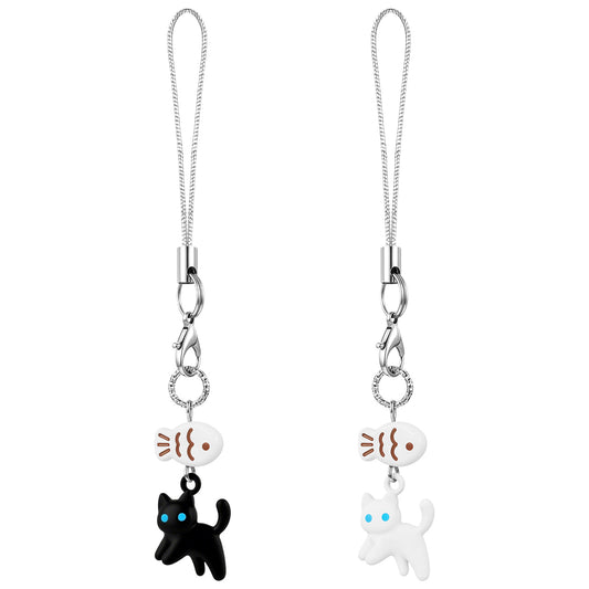 Ymapinc 2pcs Black Cat Phone Charm - Mini Cat Fish Bag Charms, Metal Kawaii Charm for Cell Phone Case, Matching Pendant