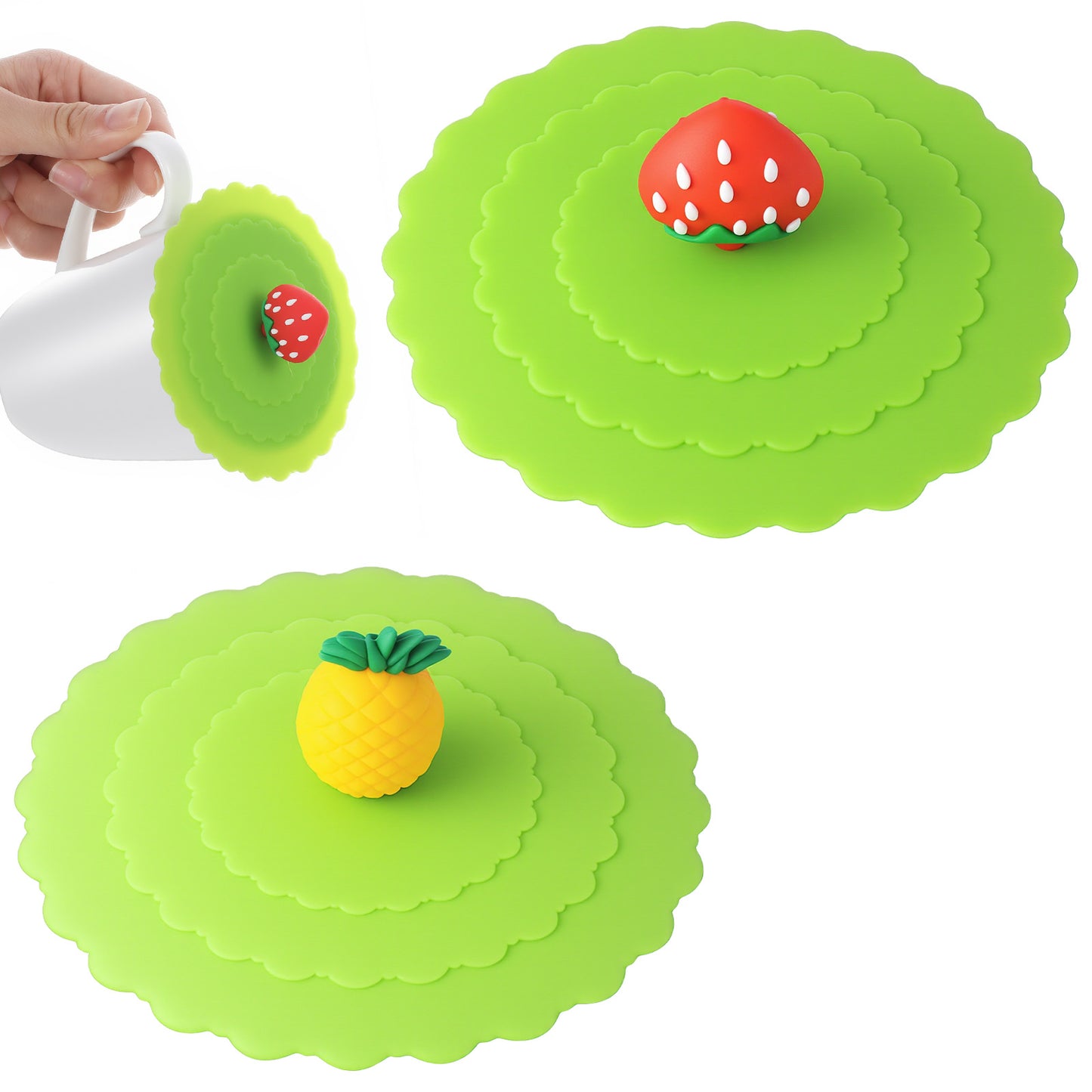 2 Pcs Silicone Cup Lids Mug Cover Silicone Coffee Cup Lid Cups Covers Pineapple and Strawberry Drink Covers for Cups Mugs Outdoors and Indoors, Anti-dust
