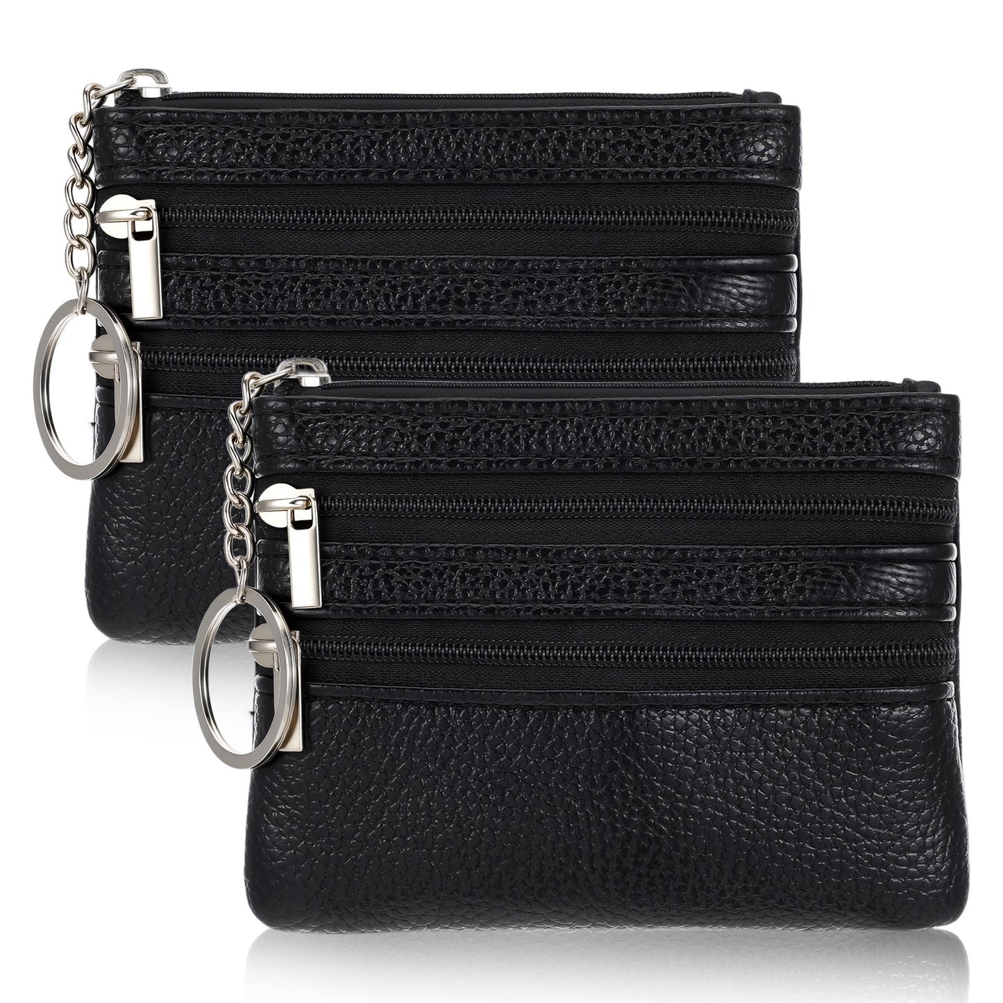 Nogeqi 2 Pcs Small Coin Purse Keychain, Pu Leather Change Purse for Women, Small Zipper Pouch with Key Ring for Women Men Credit Card Folded Bills Id Key Headset Lipstic (Black)