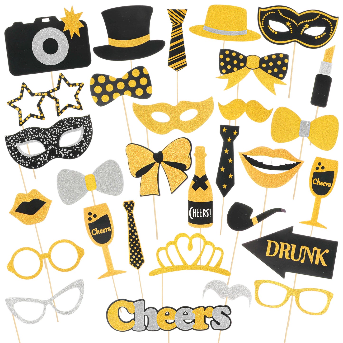 Rahhlizs 30 Pcs Black Gold Graduation Photo Booth Props, Funny Photobooth Props for Birthday Wedding New Year Anniversary Party, Prom Photo Booth Prop Mix of Hats, Mask, Lipstick, Tie, Bow