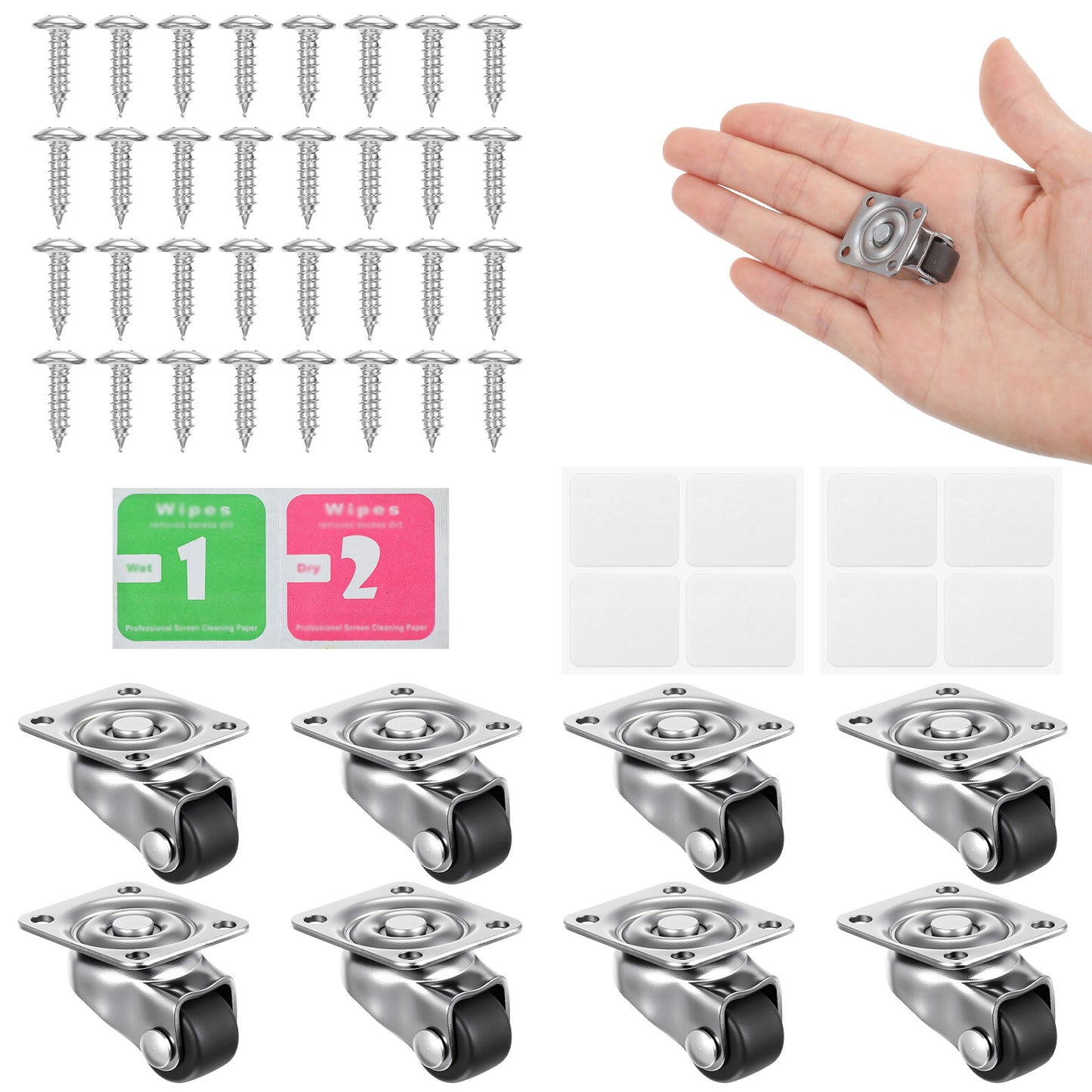 Mabor Small Caster Wheels 8Pcs Soft Rubber Swivel Caster Low Profile Self Adhesive/Screw Mounted Wheels with 360 Degree Plate for Small Appliances Furniture Kitchen Planters