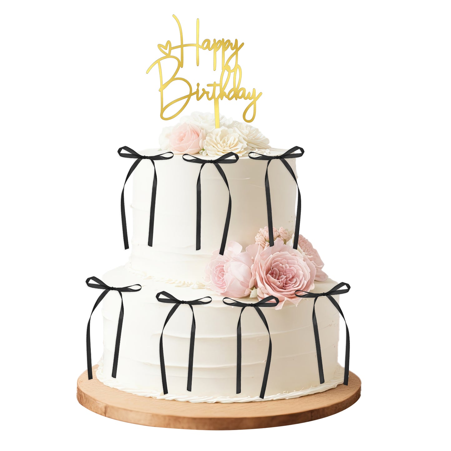 Ouligay 11PCS Black Bow Cake Topper with Gold Happy Birthday Sign Ribbon Bow Cupcake Toppers Coquette Themed Party Anniversary Wedding Decor Birthday Cake Decorating Supplies