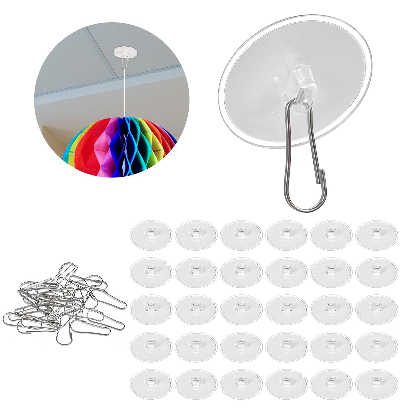 30 Pack Self-Adhesive Ceiling Hooks Round Suction Cup Sticky Ceiling Hooks For Christmas Festival Wedding Birthday Party Decorations No Drill Removable Transparent Wall Hanger 1.18 Inches / 3 Cm
