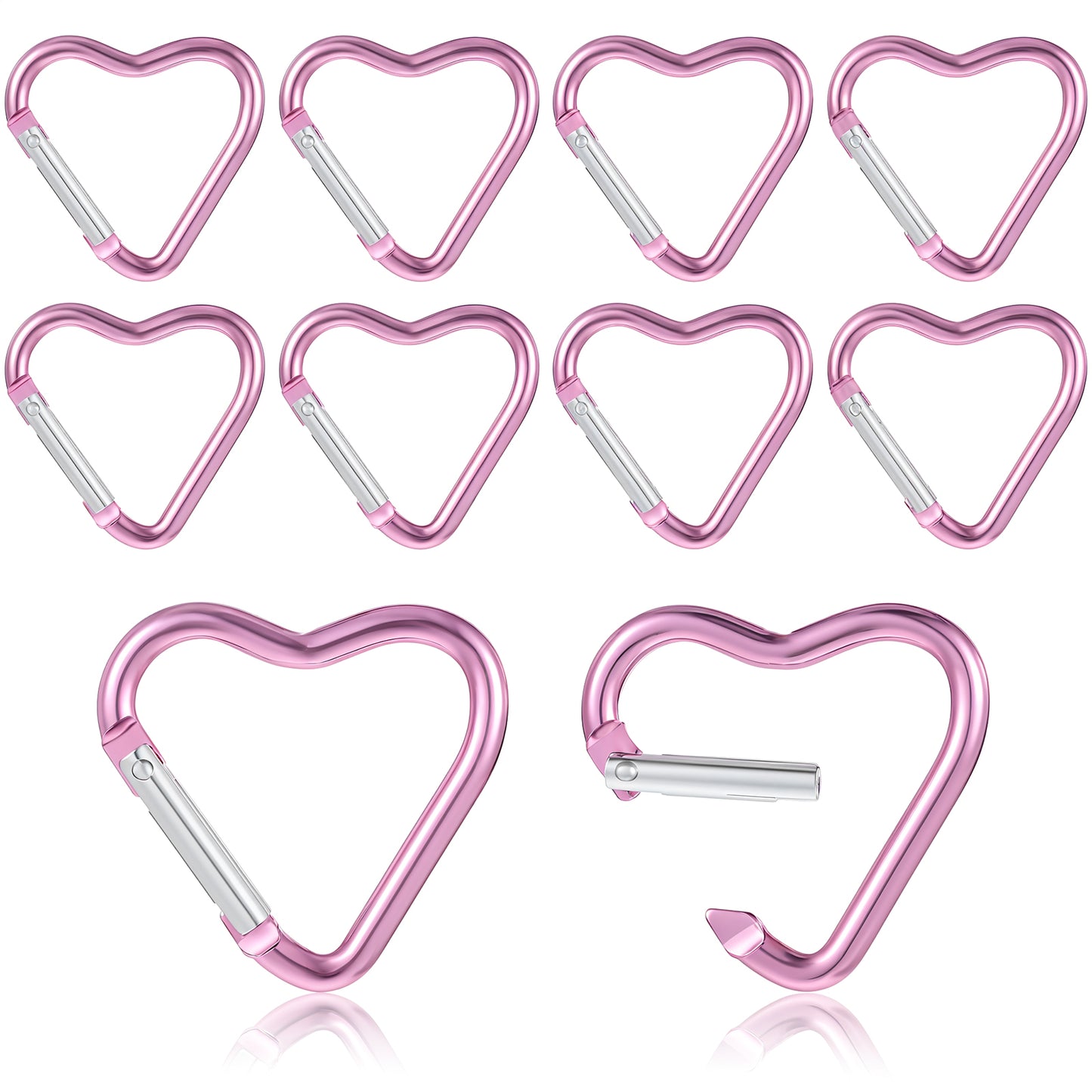 10PCS Cute Heart Carabiner Metal Heart Shaped Backpack Clips Key Ring Climbing Buckle Heart Keychain Clip for Dog Leash Water Bottle Holder Spring Snap Clips Keys(pink)