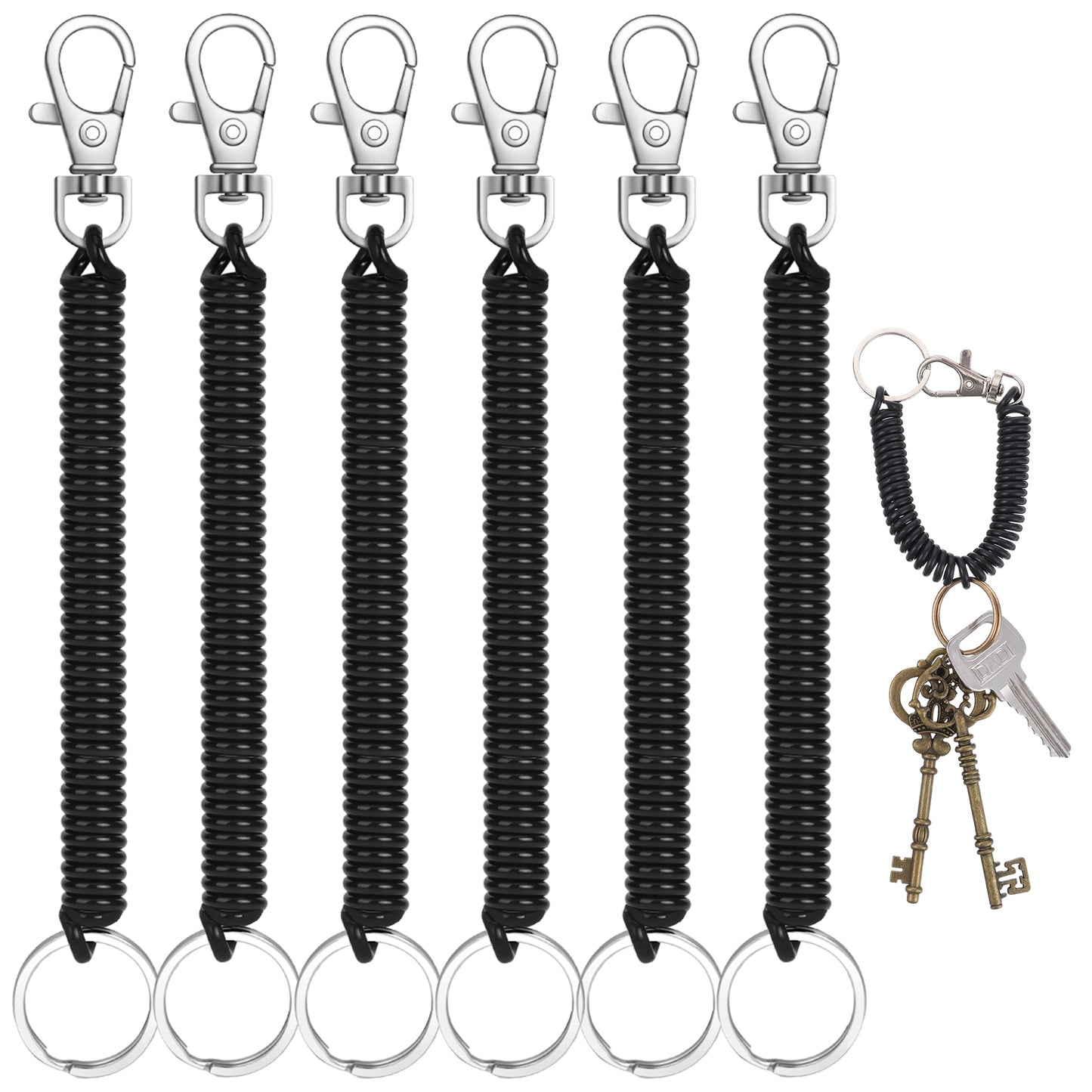 Tyqour 6PCS Retractable Spring Coil Keychain Key Chain Retractable Tool Lanyard Stretch Keychain Wrist Coil Keychain Fishing Lanyard for Purse Keys Wallet, Black
