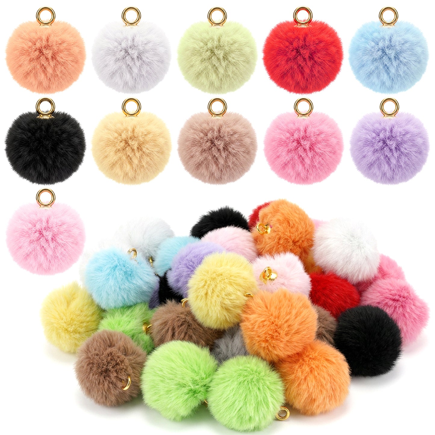 Matwsec 33 Pcs Pom Poms Keychain Charms, Fluffy Puff Ball Keychain, Soft Faux Fur Pompom Key Chains Bulk for DIY Crafts, Jewelry Making, Bracelets & Earrings (0.91in, Colorful)
