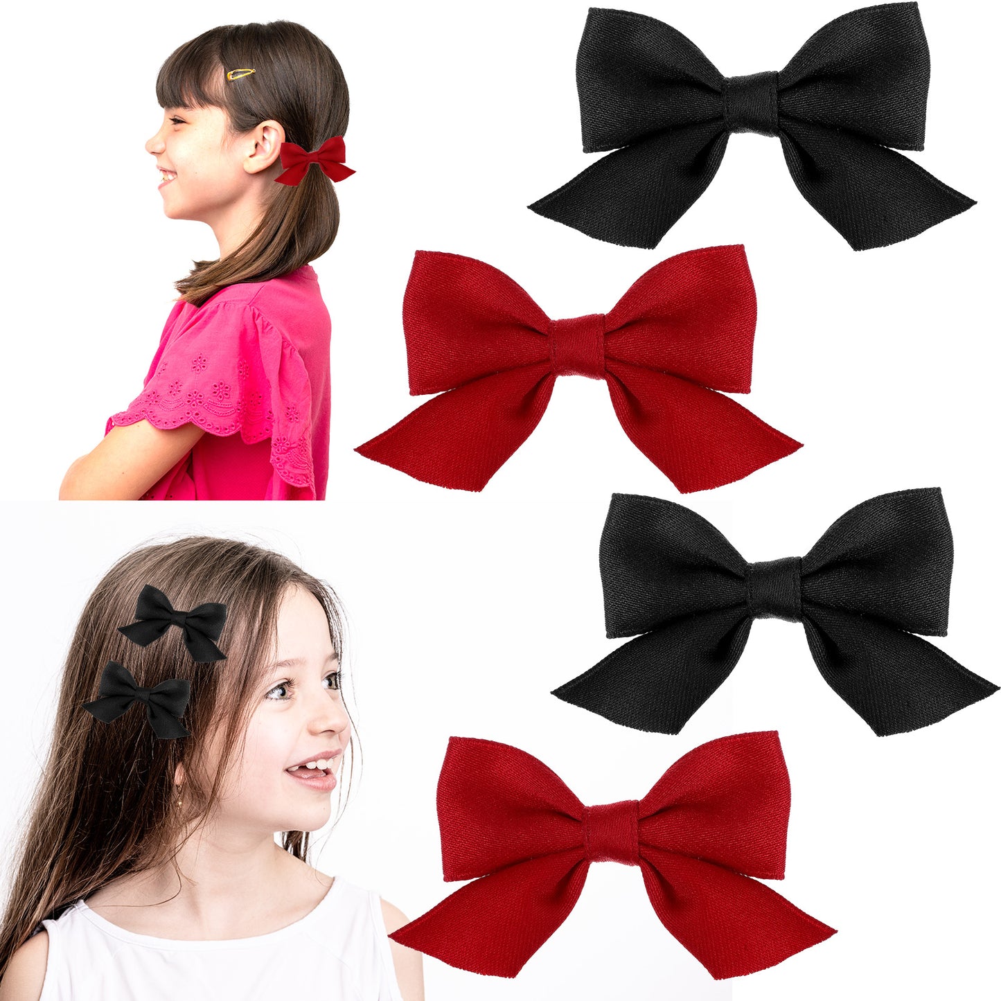 Tyqour 2 Pairs Red Bow Hair Clips for Women Girls Hair Accessories Large Silky Satin Ribbon Bowknot Alligator Barrettes Wine Red Black Bow Clips