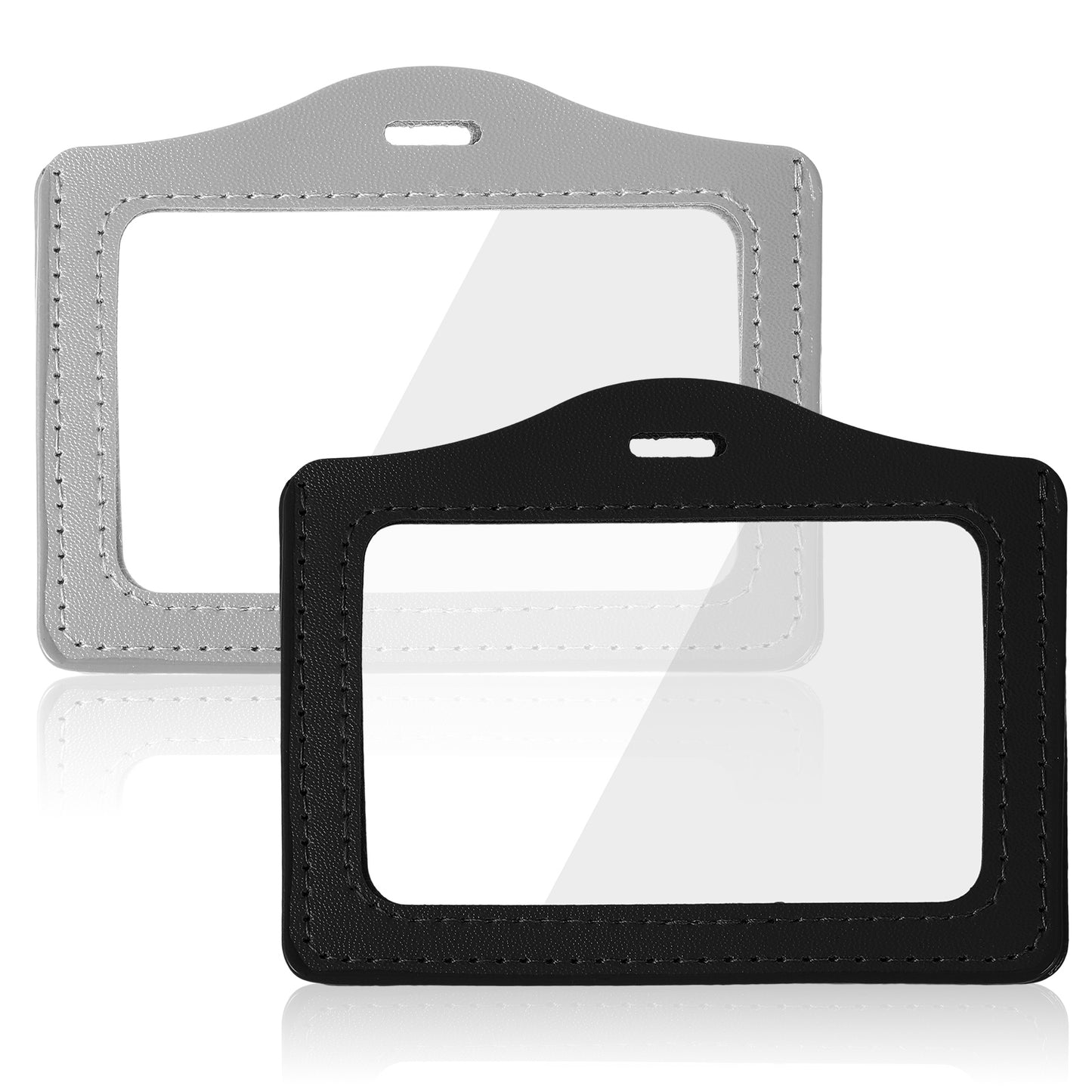 2 Pack Lanyard Card Holder Clear Genuine Leather Horizontal Id Holders with Double-Side Clear Window, Waterproof Work Name Card Badges Holder Suit for Office, Staff, Students, Employees (Black & Gray)