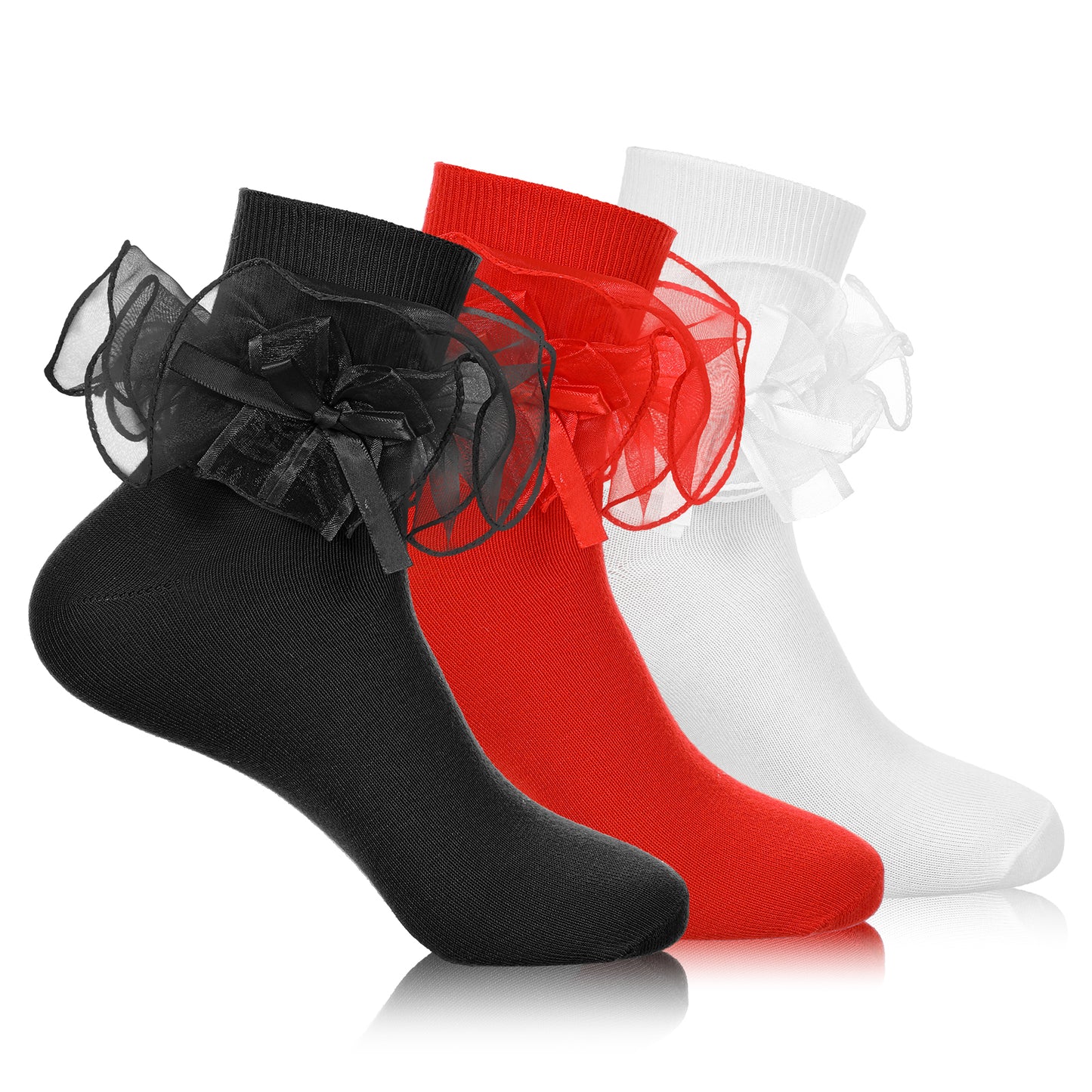 3 Pairs Girls Big Ruffle Socks, Adult Double Lace Frilly Dress Socks, Fold Cuff Cotton Ruffled Dress Crew Bobby Bride Women Sock 3 Pairs in White, Black, Red
