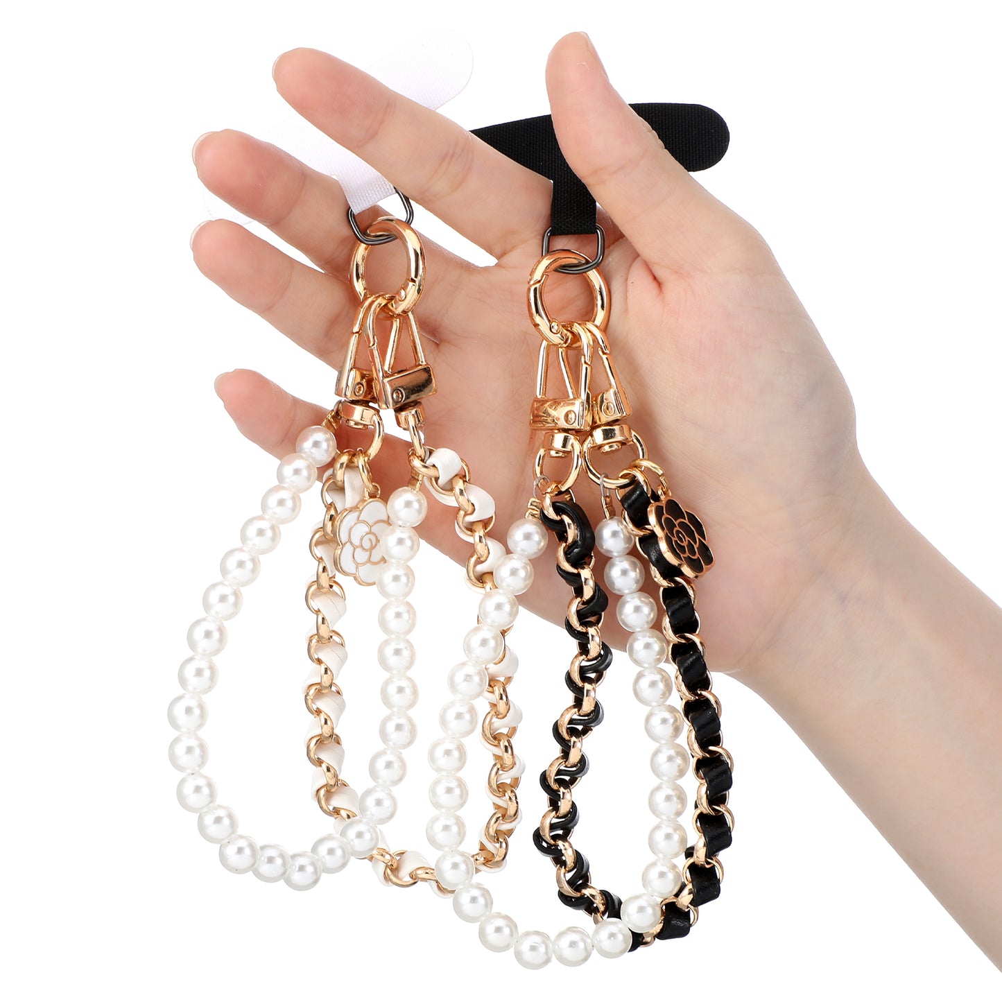 Shimmeroo 2Pcs Beaded Pearl Phone Wrist Strap, Detachable Camellia Pearl Phone Charm Bracelet Cellphone Wristlet with Tether Tab Universal Cellphone Strap for Cell Phones