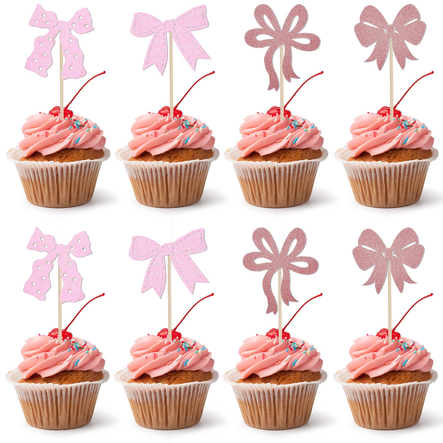 24 Pcs Pink Bow Cupcake Toppers Bow Cake Topper Pink Bows for Cake Happy Birthday Bowknot Cupcake Picks for Coquette Bows Theme Party Decoration Wedding Baby Shower Bachelorette Party