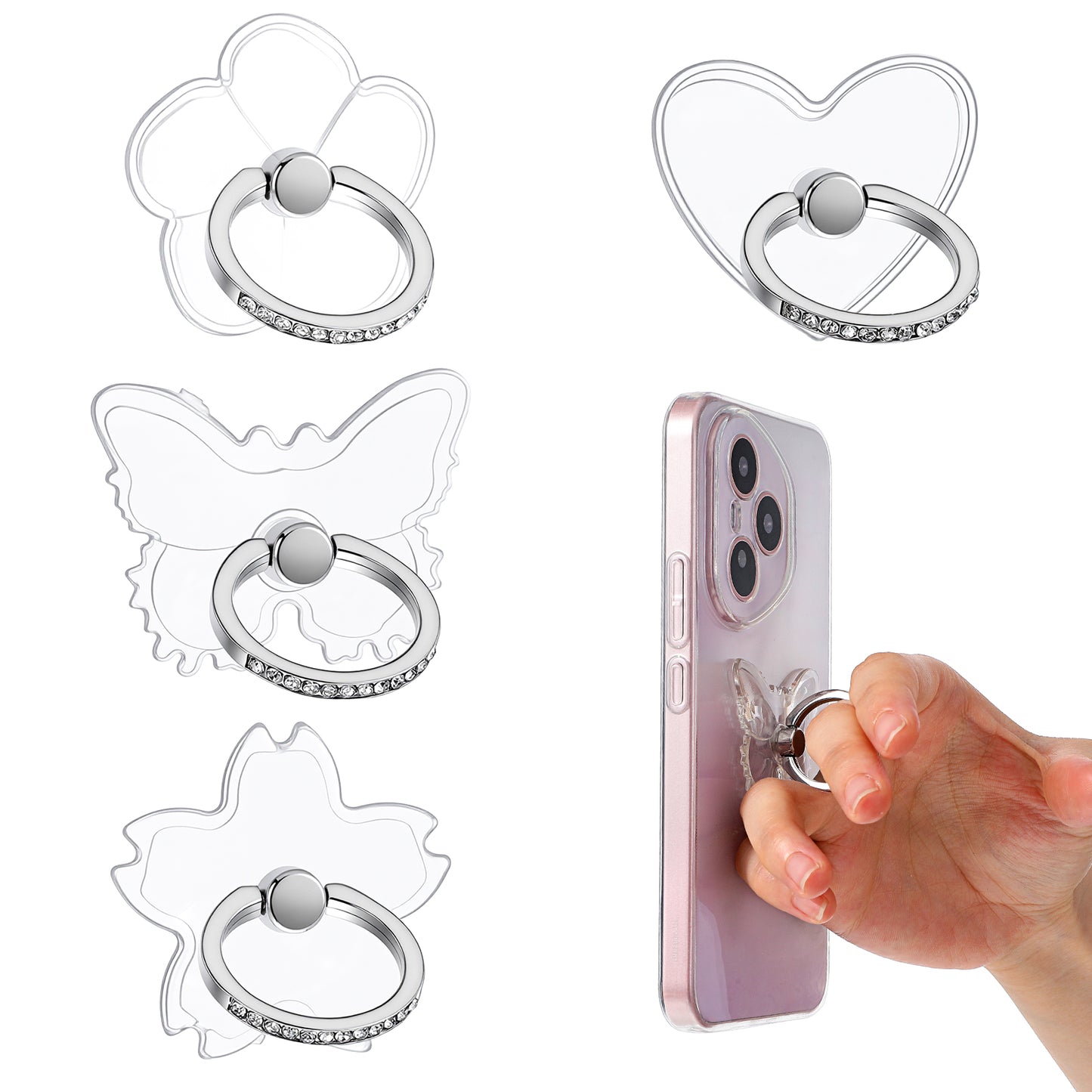 Matwsec 4 PCS Transparent Phone Ring Grip Clear Phone Ring Holder Grip Butterfly Cute Phone Grips Phone Rings for Back of Phones Compatible with Most Smartphones Tablets and Phones Case