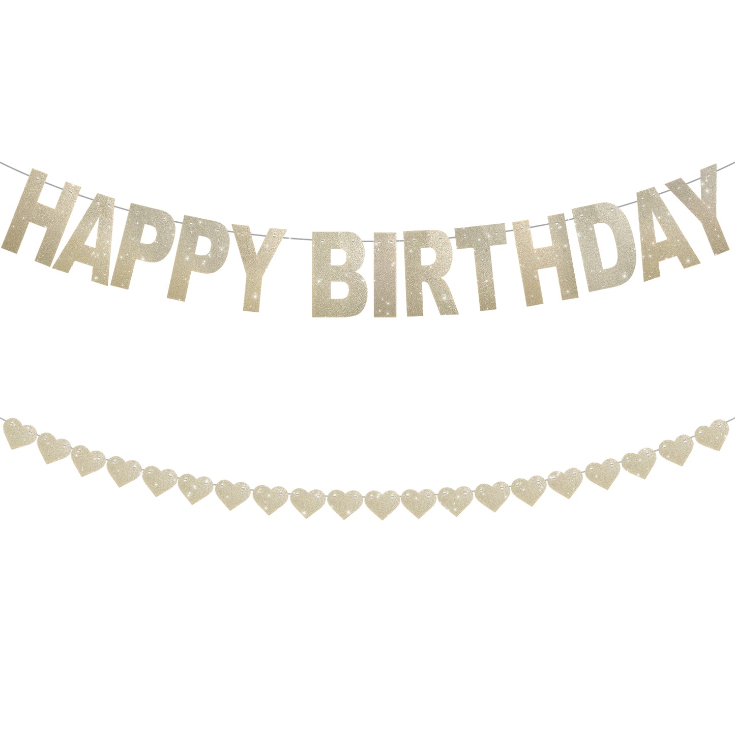 Gold Happy Birthday Banner Pre-Strung Sign Glitter Heart Garland No DIY Happy Birthday Sign Decor for Party Backdrop Reusable Birthdays Party Decorations (Gold)