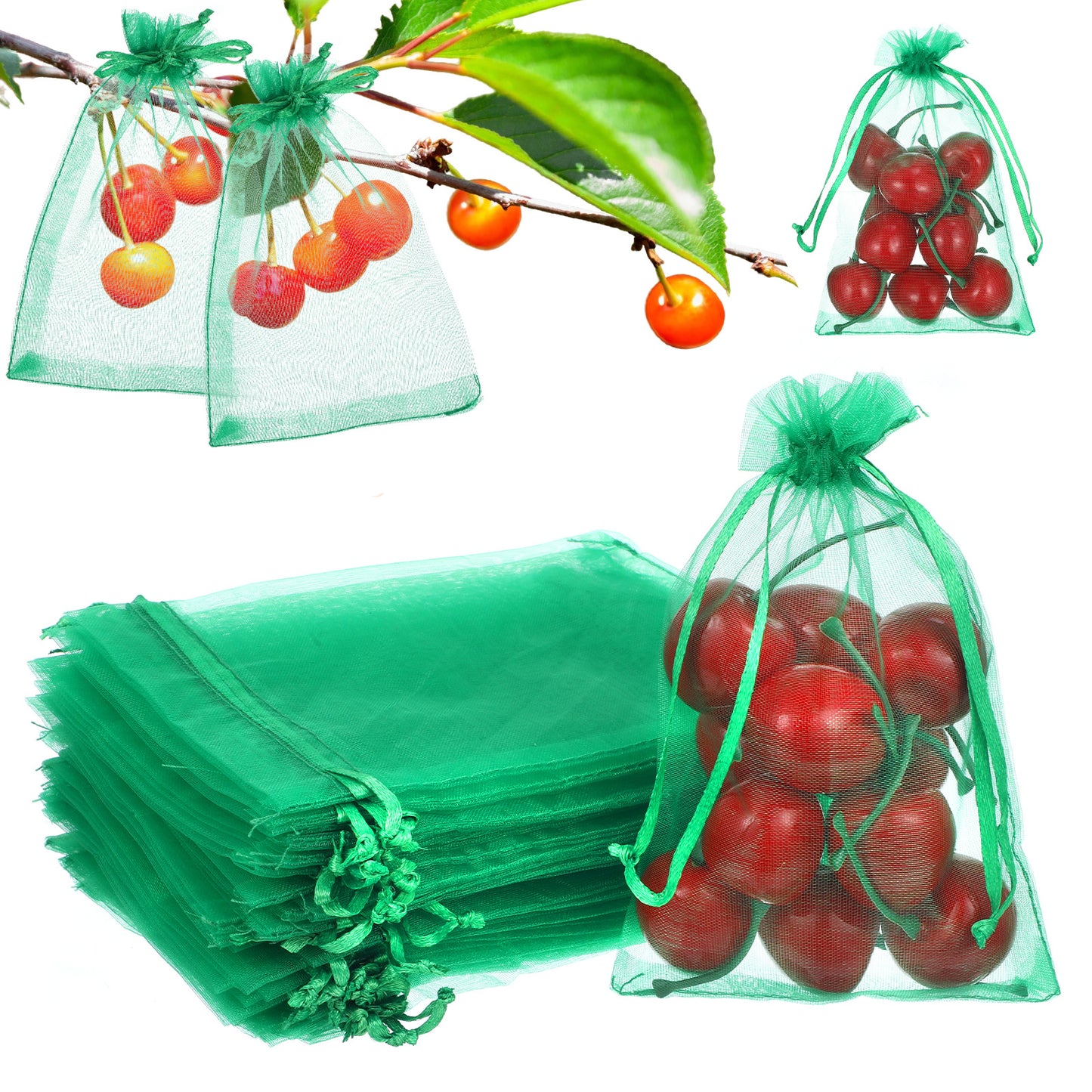 50pcs Fruit Protection Bags, 5.91x3.94in Green Fruit Bags for Trees & Vegetables, Mesh Produce with Drawstring for Pest Barrier