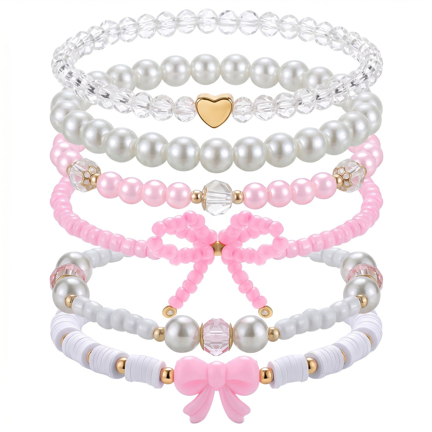 RAHHLIZS 6PCS Bow Pink Bracelets for Women,Pink Bracelet Set Stackable Bead Bracelets Kids Bracelets Preppy Stuff Birthday Gift for Women Teens