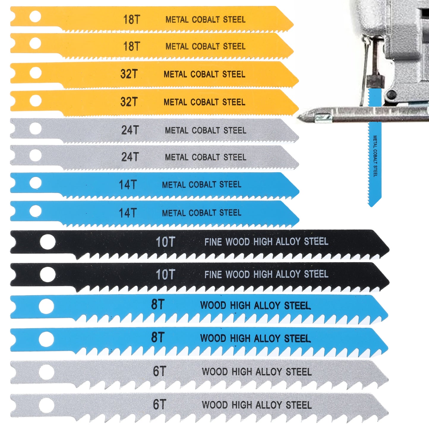 14Pcs U-Shank Jig Saw Blade Set for Wood Plastic Metal Compatible with 90% Power Jig Saws, Jigsaw Blades U Shank Includes 6T 8T 10T 14T 18T 24T 32T