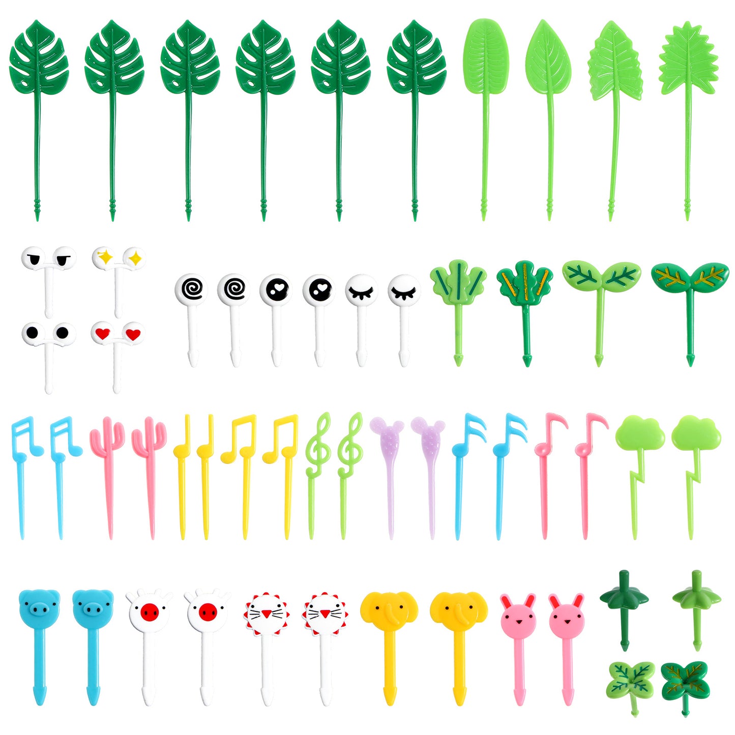 56PCS Food Picks for Kids Multiple Shaped Musical Notes Animal World Eyes Four-Leaf Clover Turtle Leaf Plastic Toothpicks Fruit Sticks Bento Snack Sandwich Appetizer Forks Charcuterie Skewers