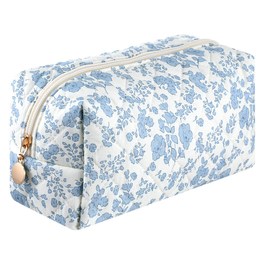 Ymapinc Quilted Blue Floral Makeup Bag, Stylish and Functional Cosmetic Organizer for Women, Suitable for Travel and Daily Use, Cute and Aesthetic Design, Multi-Purpose Pouch for Makeup, Toiletries