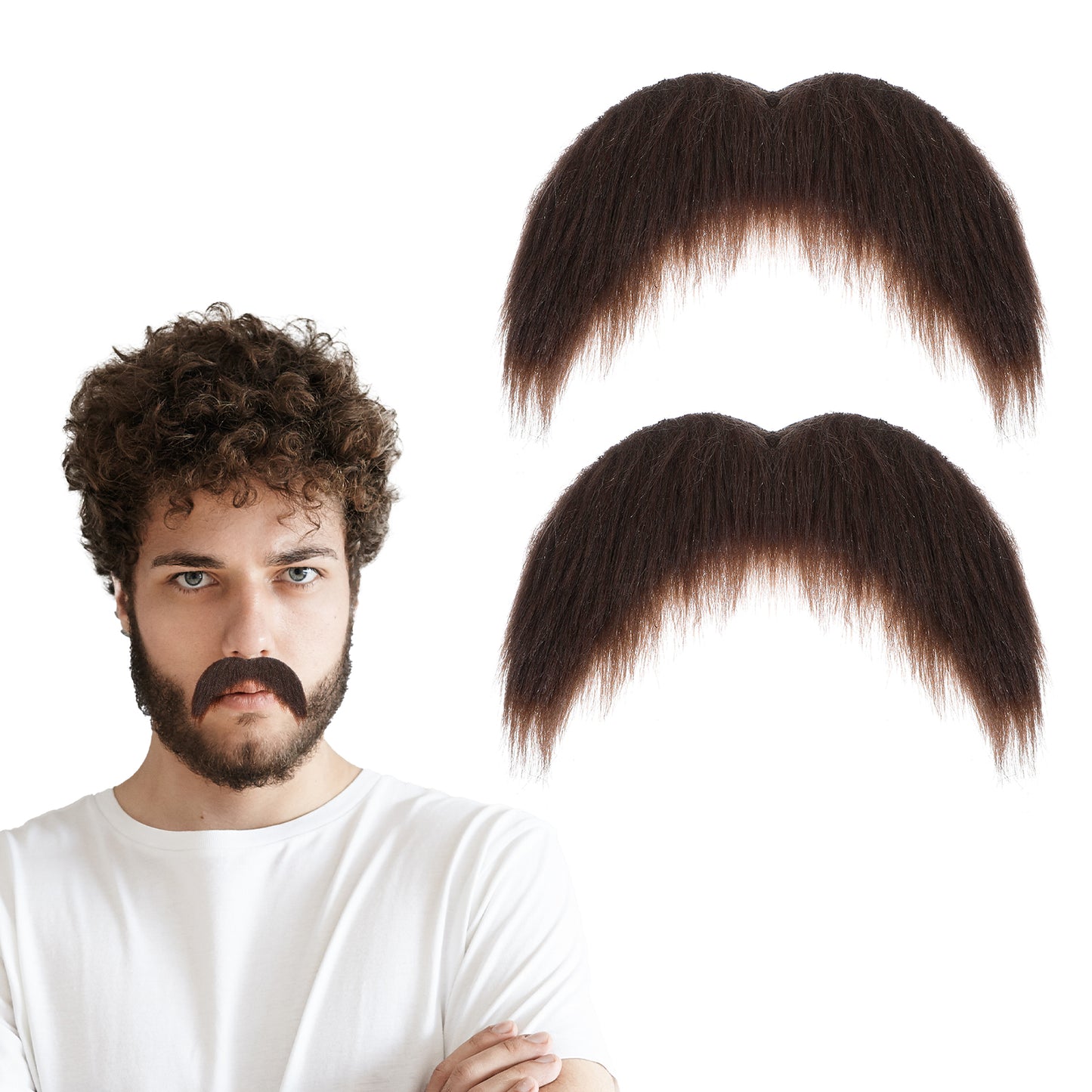 Mabor 2Pcs Fake Mustache for Men Funny Realistic Mustache, False Facial Hair Stick on for Cosplay Costumes Halloween Christmas Party Accessory, Brown