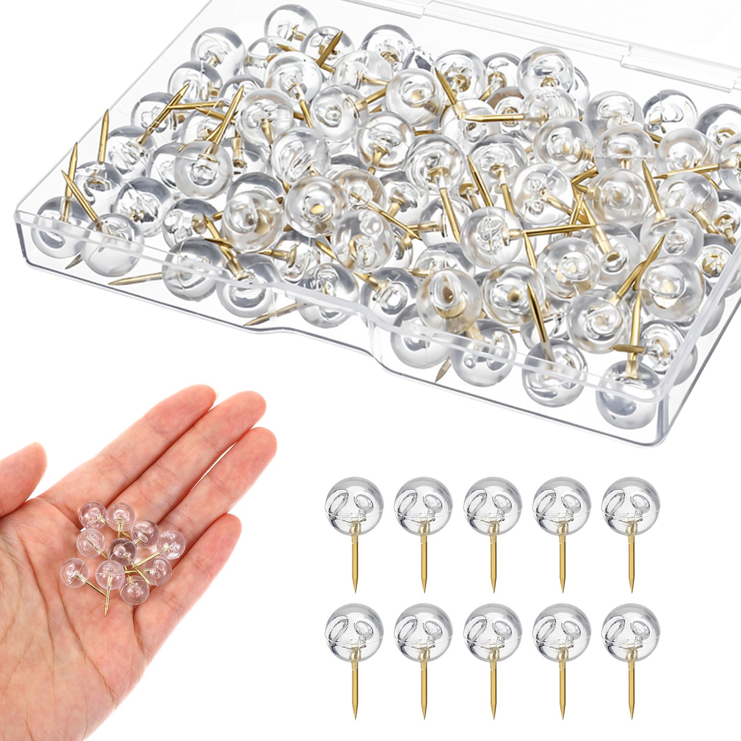 Ouligay Clear Push Pins, 100 PCS 1/3 Inch Gold Map Tacks with Storage Box, Gold Ball Push Pin Round Thumb Tacks Transparent Plastic Round Head for Bulletin Board Corkboard Map Photo Home Office