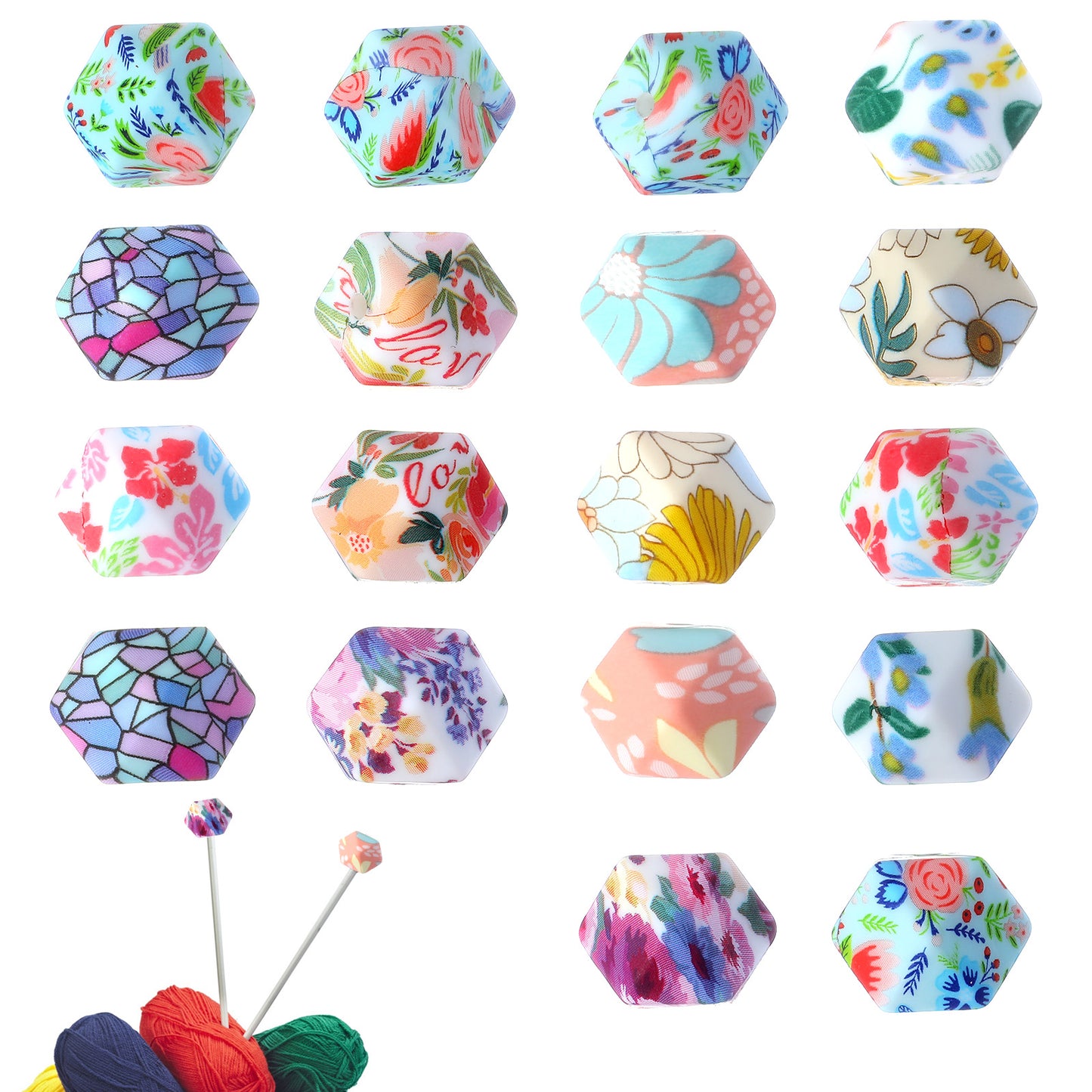 Mabor 18Pcs Knitting Needle Stoppers, Knitting Needle Point Protectors, Needle Minders, Hexagon Print Knitting Stitch Holders Needle Caps for Knitting Accessories and Gadgets
