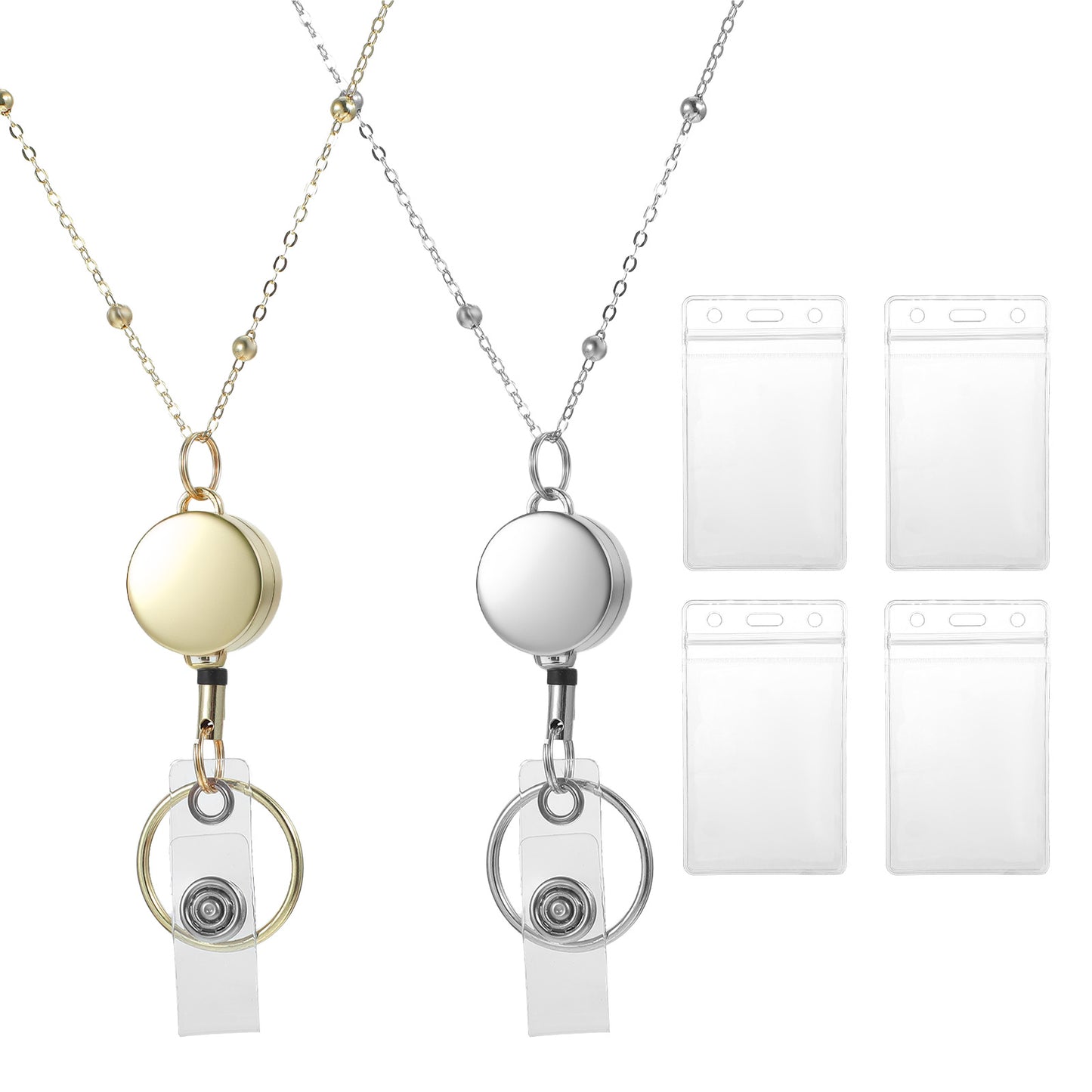 2 Pcs Badge Holder Necklace Lanyard Work Lanyards for ID Badges for Women with Waterproof ID Card Buckle and Holders Necklace Retractable Reel Clip Chain Sutable Teacher Key Bank Cards Gold Silver