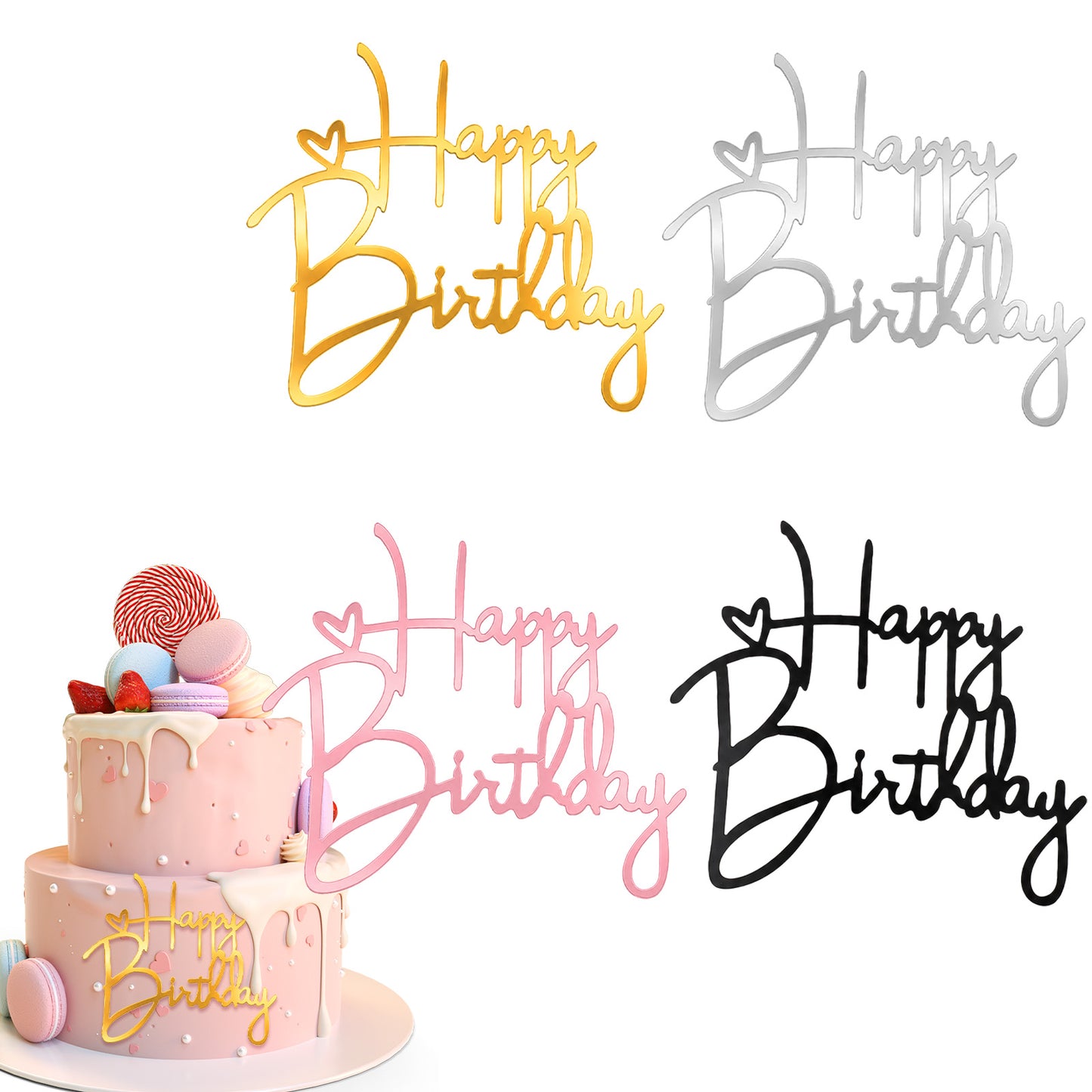 Ouligay 4PCS Happy Birthday Cake Toppers Acrylic Cupcake Party Decorations