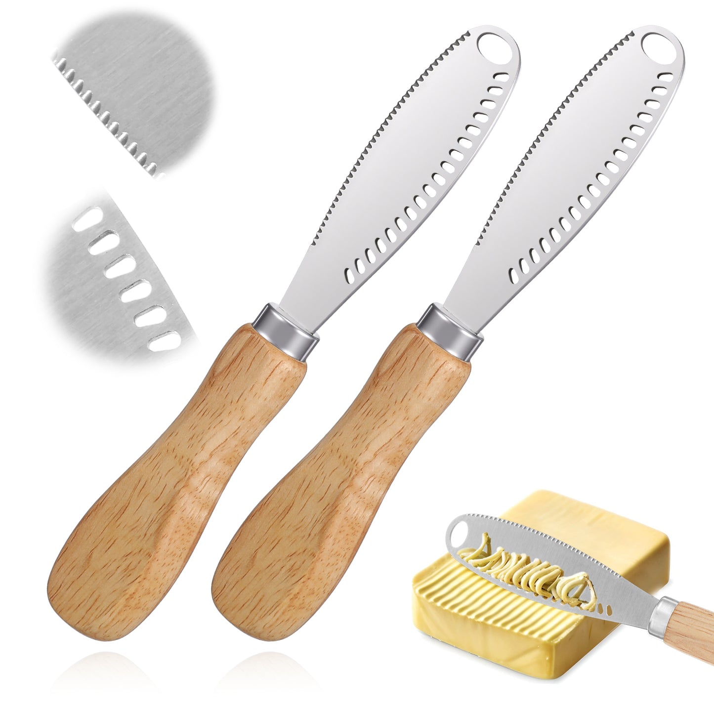 Nogeqi 2 Pcs Butter Knives with Holes, 3 In 1 Butter Spreader Knife, Stainless Steel Spreader Knife for Kitchen Restaurant Cheese Jam, Bagels, Sandwiches (Ergonomic Wood Handle)