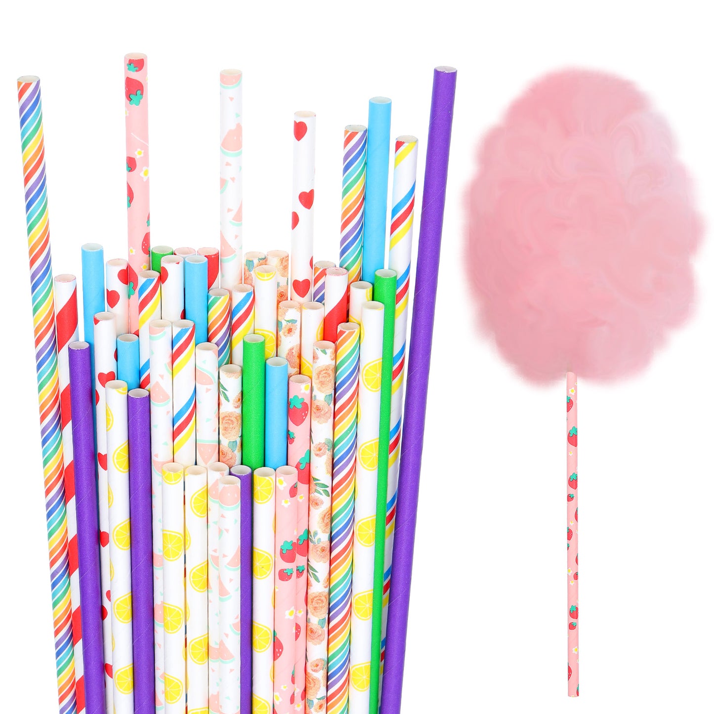 50PCS Cotton Candy Sticks Cones 11 Inch Bright Random Colors Paper Straw Cones Sticks Cotton Candy Holder Supplies Bulk for Birthday Wedding Holiday Parties Events Fluffy Marshmallow Making