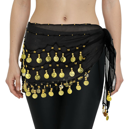 Xinjoduz 1 PCS Belly Dance Hip Scarf Belly Dancing Outfits for Women Hip Wrap Scarf Performance Dancer Belt Scarfs Skirt Costume with Sequins and Coins for Yoga Dancing (Black)