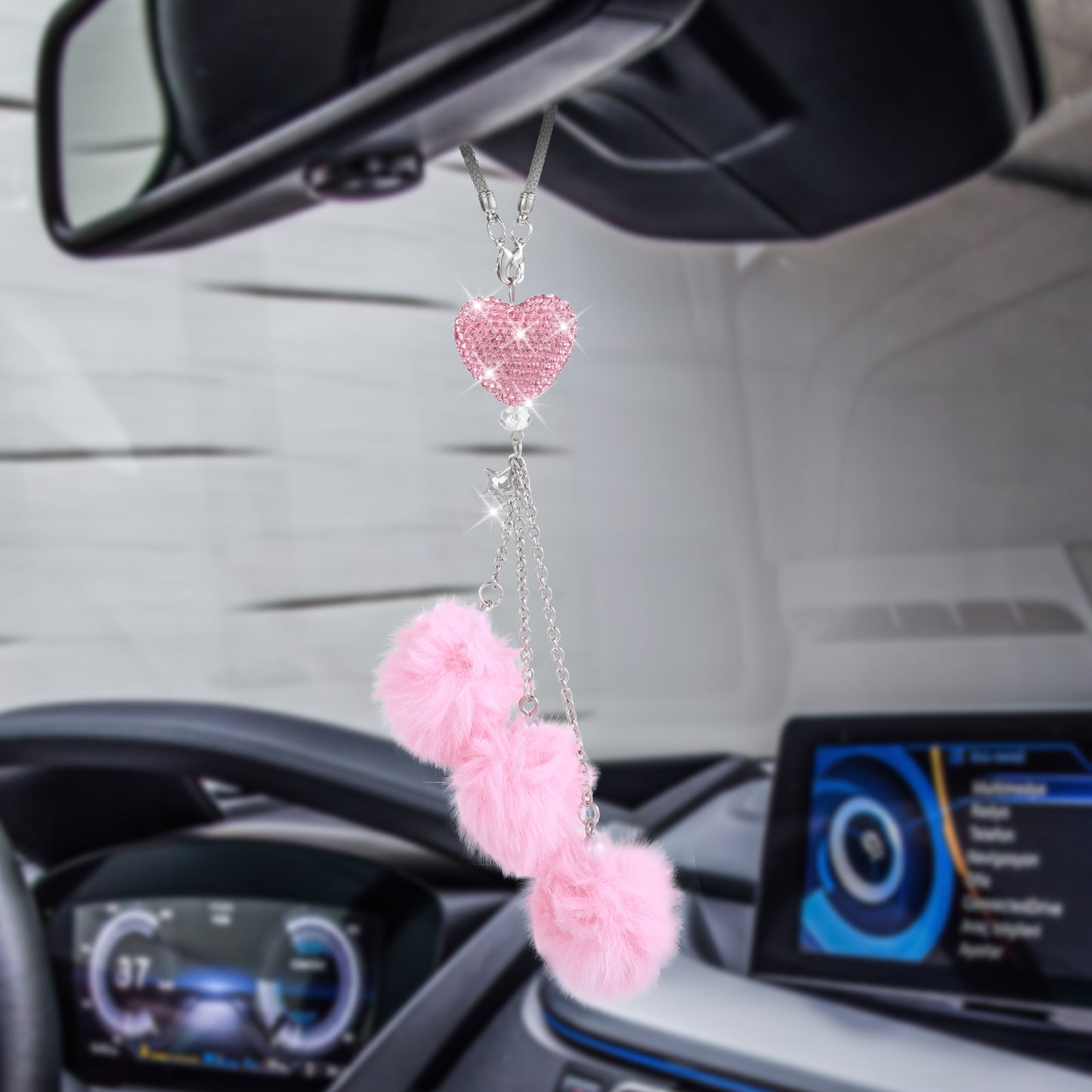 Ouligay Pink Bling Car Hanging Accessories Rhinestone Bowknot With Pink Beads and Plush Ball Rearview Mirror Decor for Women Y2k Car Accessories