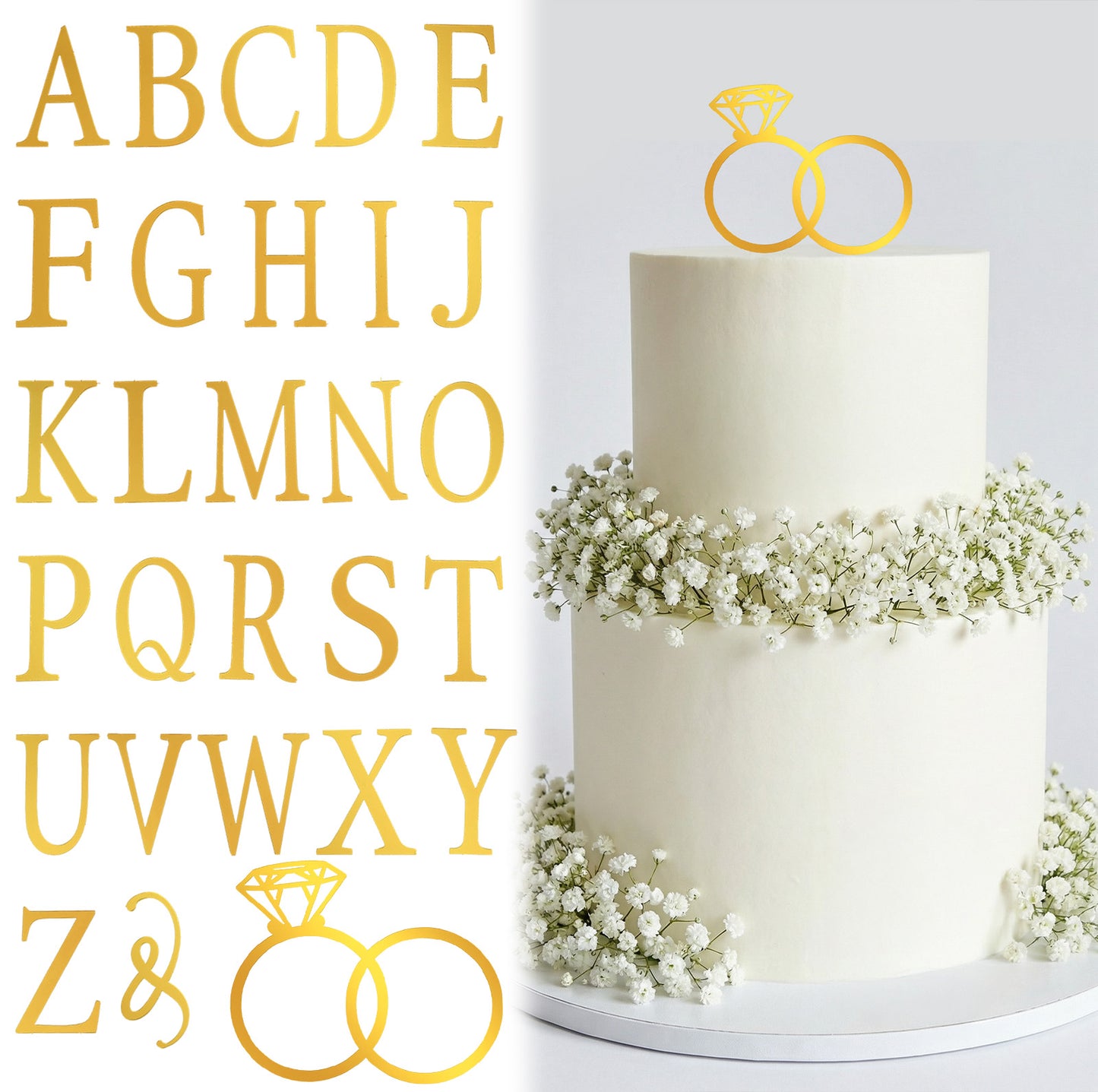 Wedding Cake Toppers Diamond Ring Personalized Cake Topper with 26 Letter Bride and Groom Initial Sign Custom Cakes Topper Wedding Toppers for Cakes - Gold Acrylic
