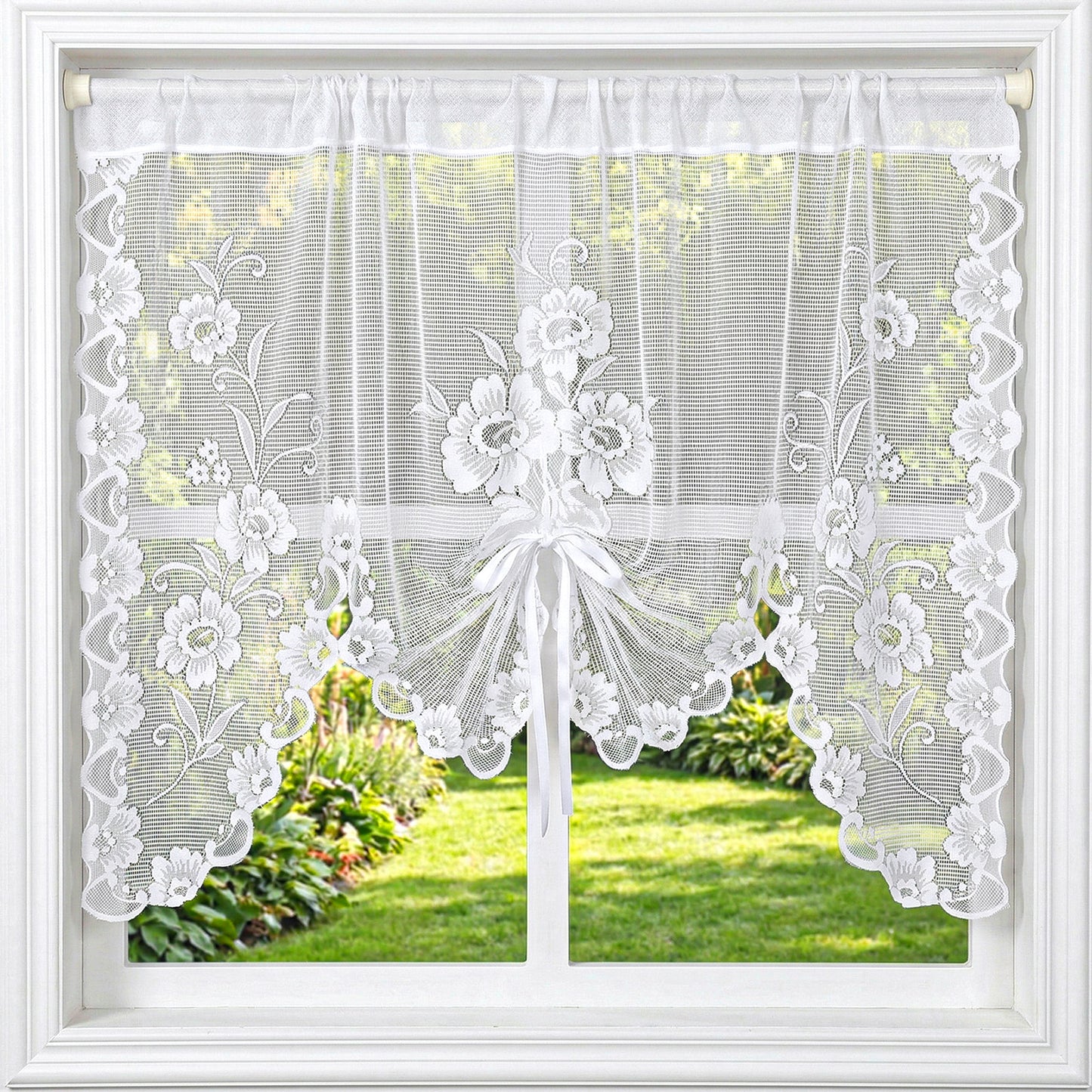Matwsec White Floral Lace Half Curtains Swag, Semi-Sheer Lace Valance for Windows Kitchen Bathroom Living Room Basement Decoration Rod Pocket 45.67x13.39in